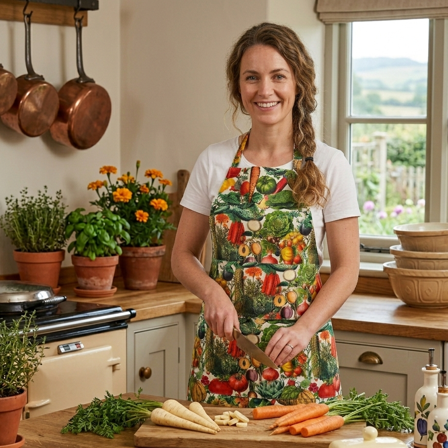 This striking floral apron from Rosehip Design is a stylish and practical choice for cooking or gardening.
The comfortable cotton design features an adjustable neck strap and generous deep pockets for tools.
Durable and machine-washable, it offers full coverage and long-lasting elegance in the kitchen.
Also available in Matching Tea Towels and Heart Pot Holders.