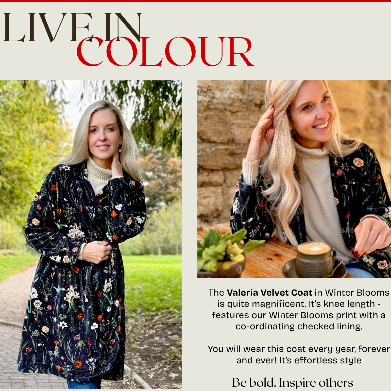 Woman wearing a floral coat with text about the Valeria Velvet Coat in Winter Blooms.