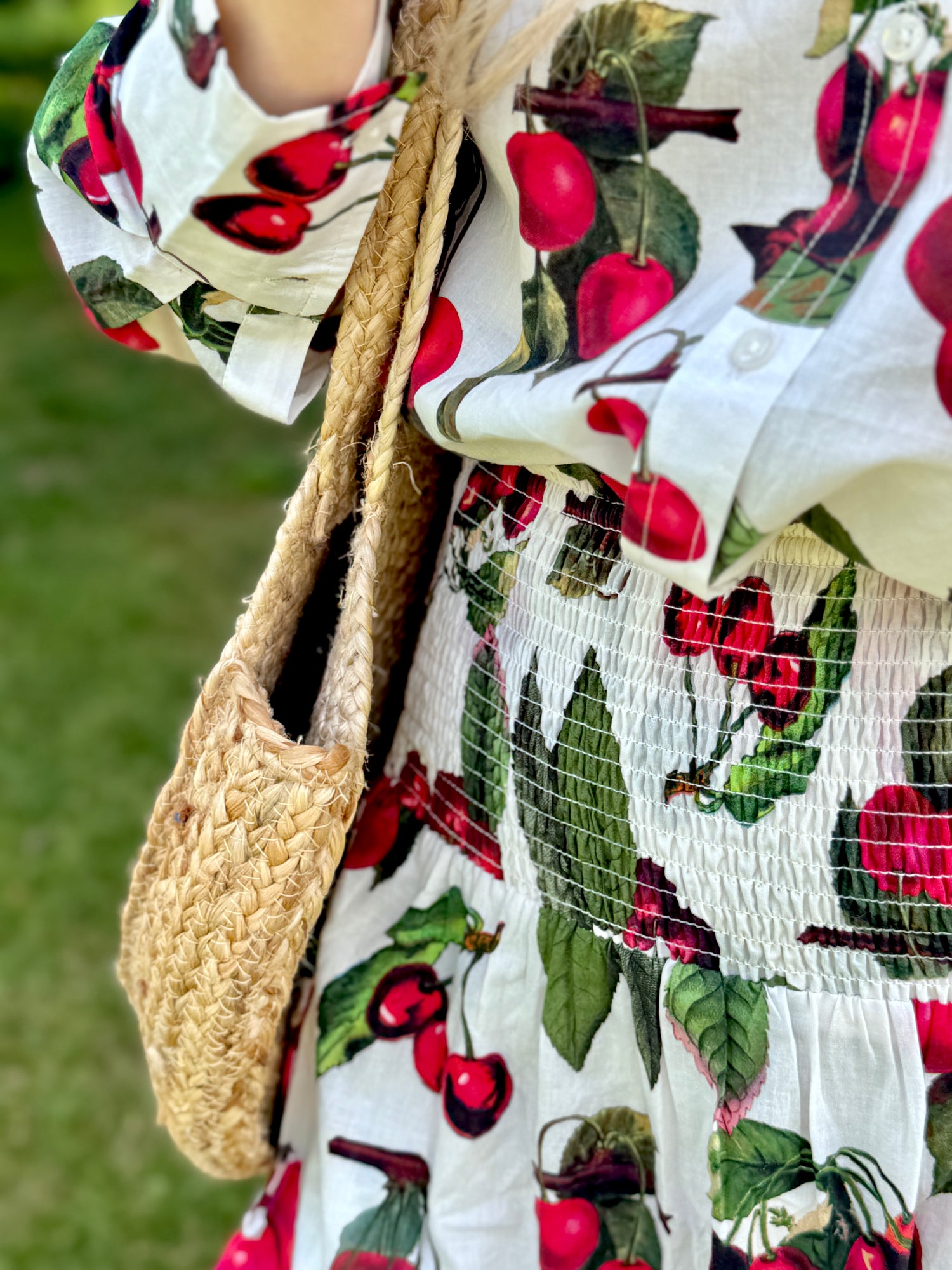 Rosehip Design Bella Cotton Skirt in our almost edible Cherries design is a beautifully feminine and effortlessly comfortable piece, perfect for Summer. It is made from soft, breathable cotton and features a flattering shirred waistband that provides a flexible, comfortable fit. The tiered design adds movement and a touch of romantic charm, while the addition of practical pockets makes it as functional as it is stylish. Pair it with the co-ordinating Hannah Shirt.