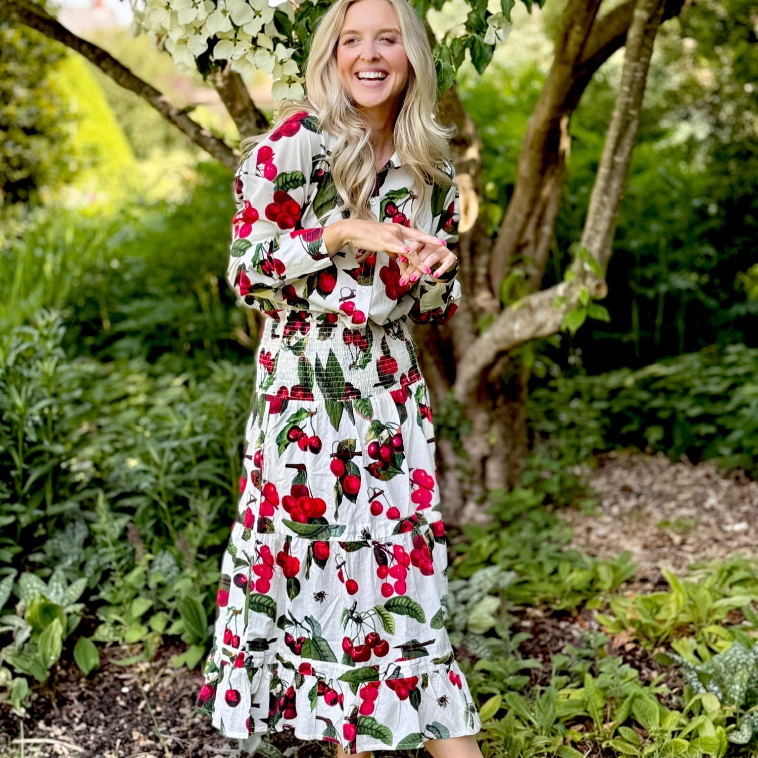 Rosehip Design Bella Cotton Skirt in our almost edible Cherries design is a beautifully feminine and effortlessly comfortable piece, perfect for Summer. It is made from soft, breathable cotton and features a flattering shirred waistband that provides a flexible, comfortable fit. The tiered design adds movement and a touch of romantic charm, while the addition of practical pockets makes it as functional as it is stylish. Pair it with the co-ordinating Hannah Shirt.