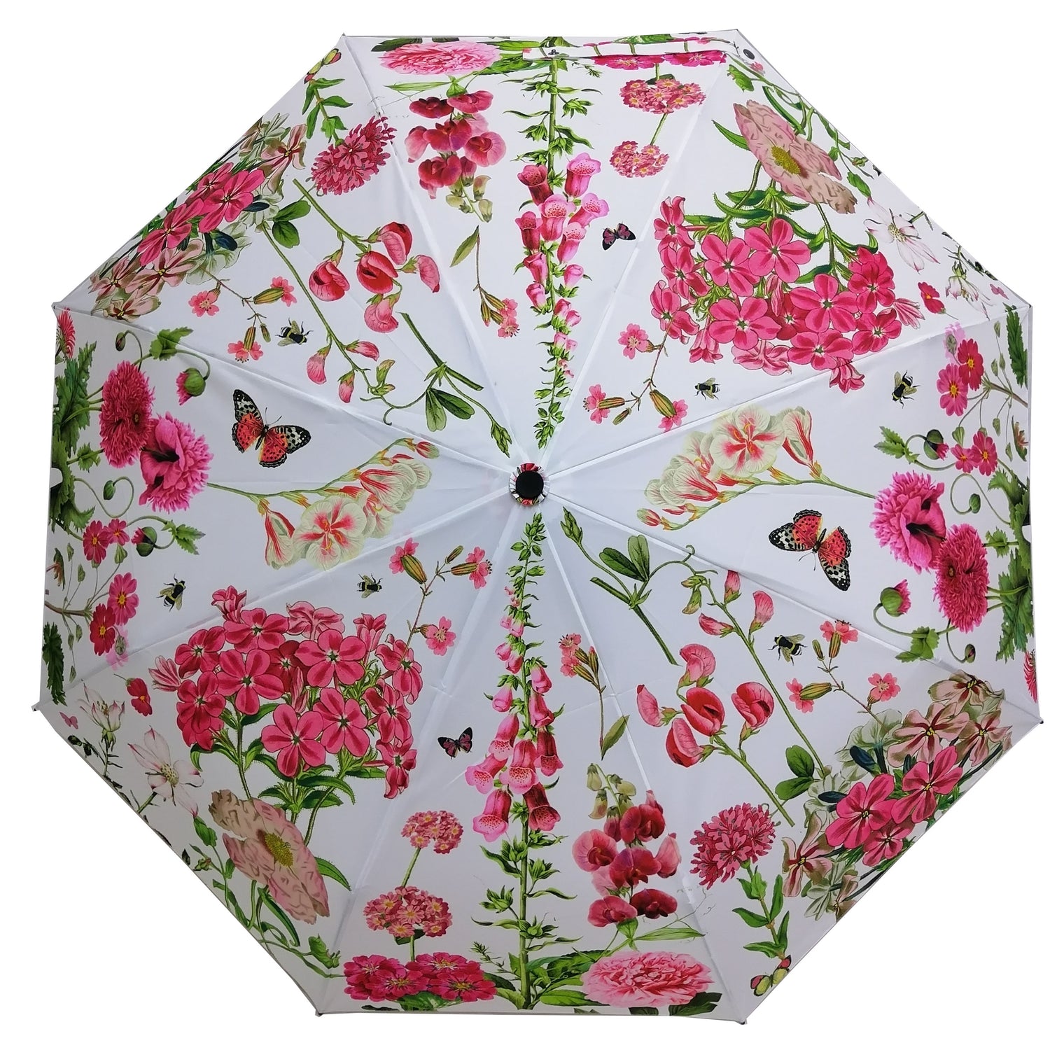 Rosehip Design Folding Umbrella is a sturdy, practical and waterproof rain umbrella with an auto pop-up button, perfectly sized for your car, bag or pocket. Beat the blues with our Sweetpeas design - a vibrant mix of pinks, greens and reds.