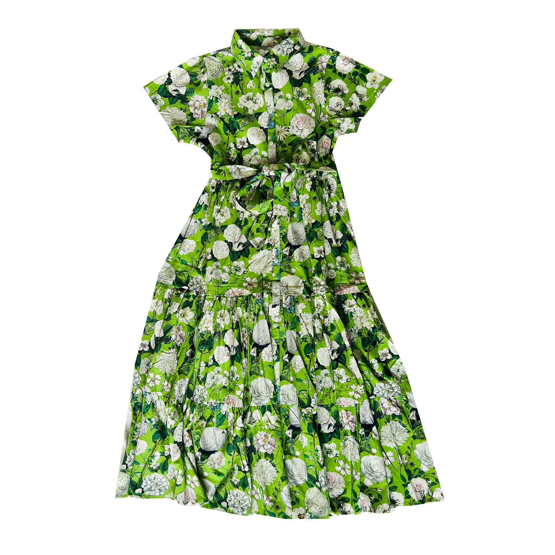 Rosehip Design Grace is a maxi dress made of Cotton Poplin. The Grace dress has buttons down the front, a tuck between tiers, short sleeves, and of course, side pockets.