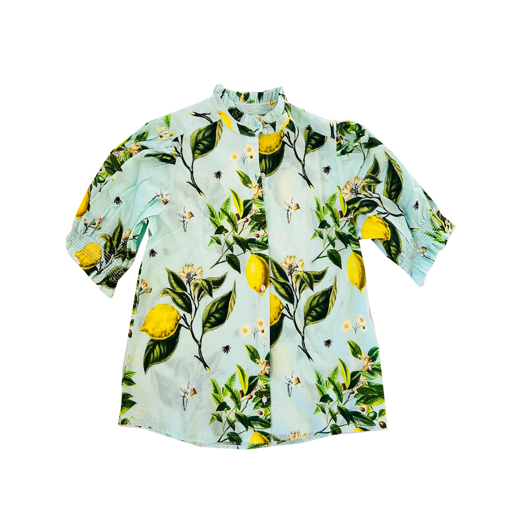 Rosehip Designs Hannah Cotton Shirt in Citrus Blue is a timeless blend of elegance and comfort. Made from soft cotton, it features a delicate frilled collar and intricate smocking on the sleeves for a touch of vintage charm. Designed for effortless styling, it pairs beautifully with the Bella Skirt.