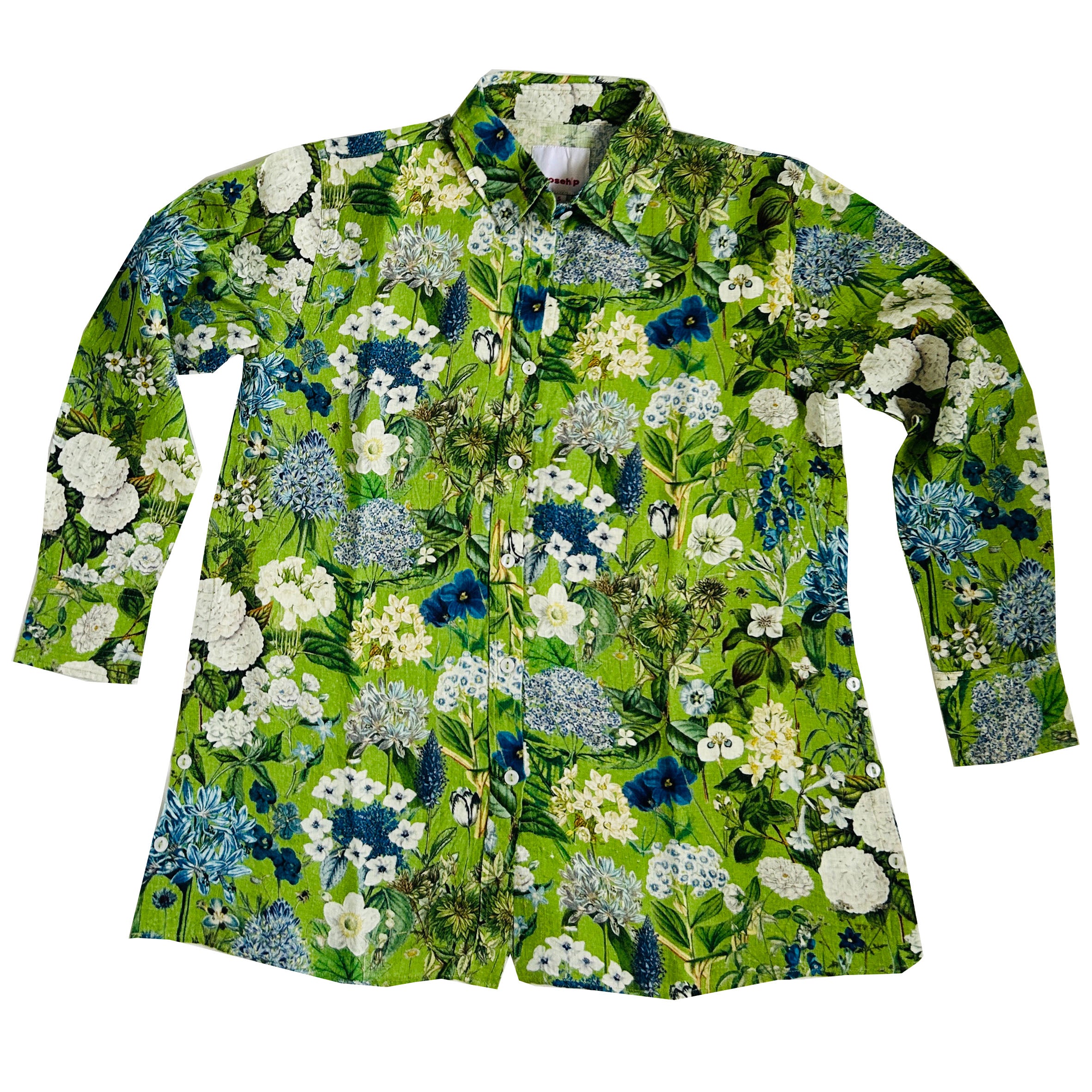 Embrace the blooming season with the Rosehip Design Harriet Linen Shirt. This classic piece features front buttons and long sleeves with a cuff for a timeless look. The side button detail adds a touch of uniqueness, while the floral design adds a playful twist. Stay on trend in our Spring Greens botanical design.