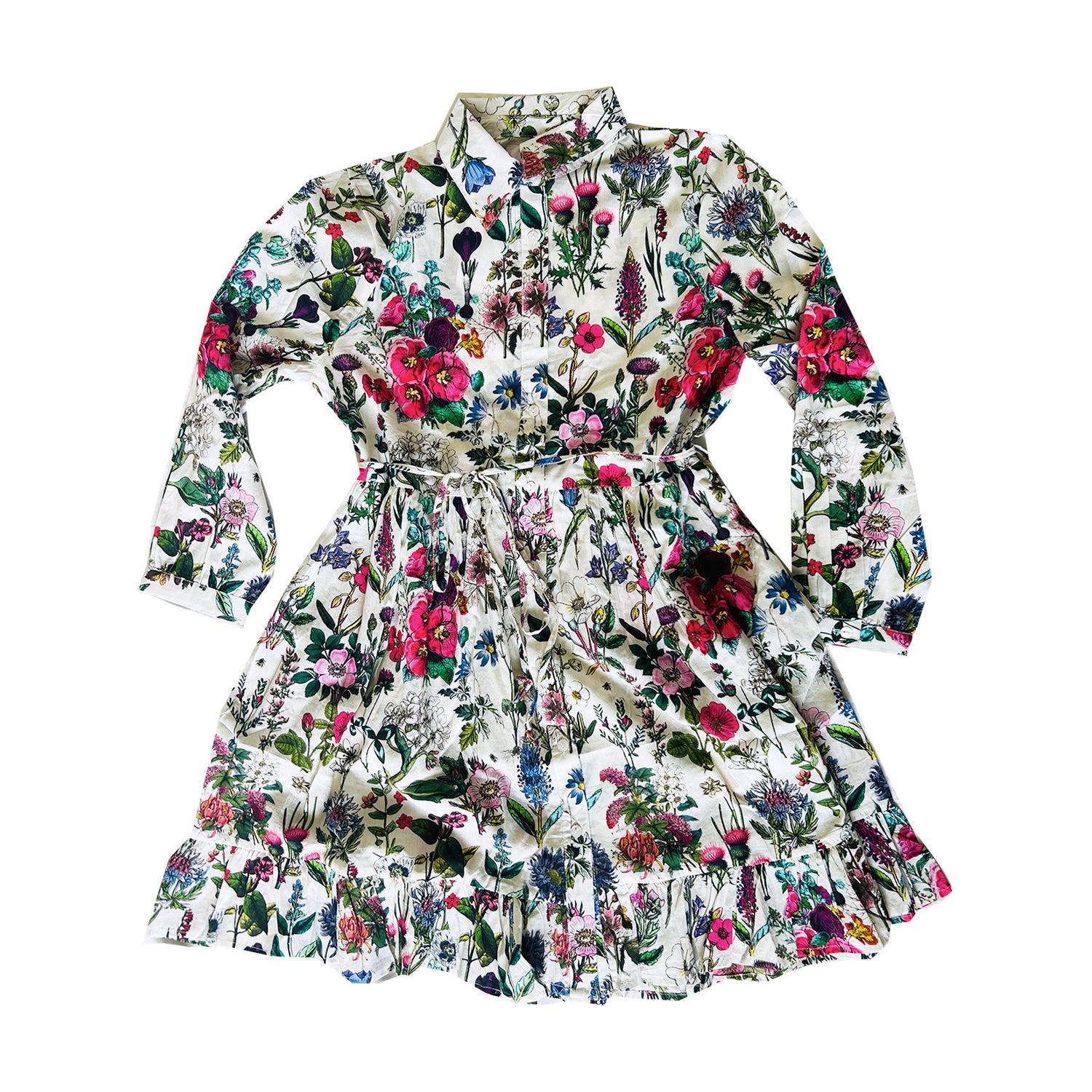 Rosehip Design Josie is a knee-length cotton tiered dress with a tie belt.