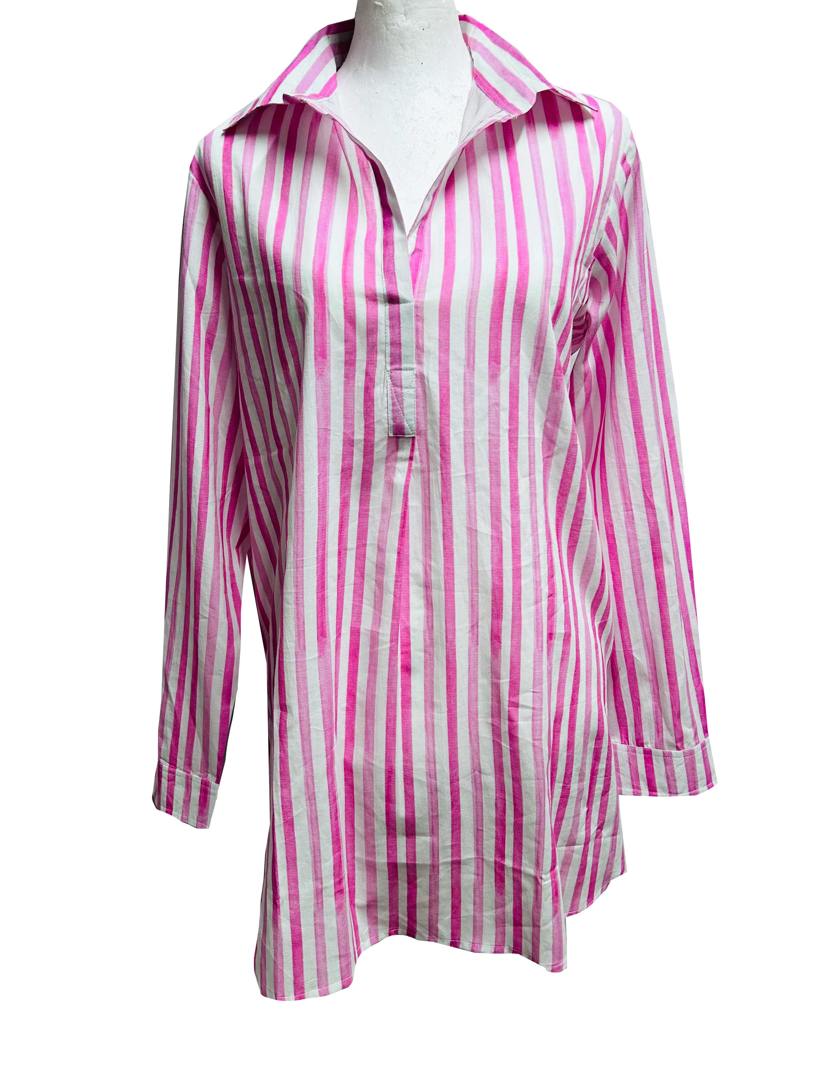 Rosehip Design Julia is a tunic style shirt with playful pink, washed stripes. It&