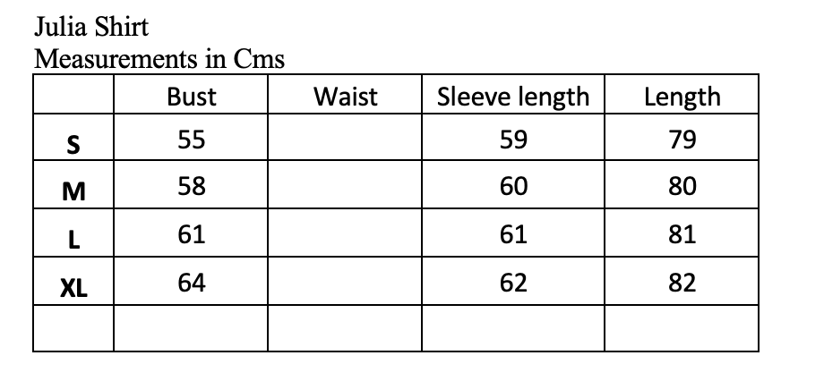 Rosehip Design Julia Shirt Candy Stripes Sizing Guide