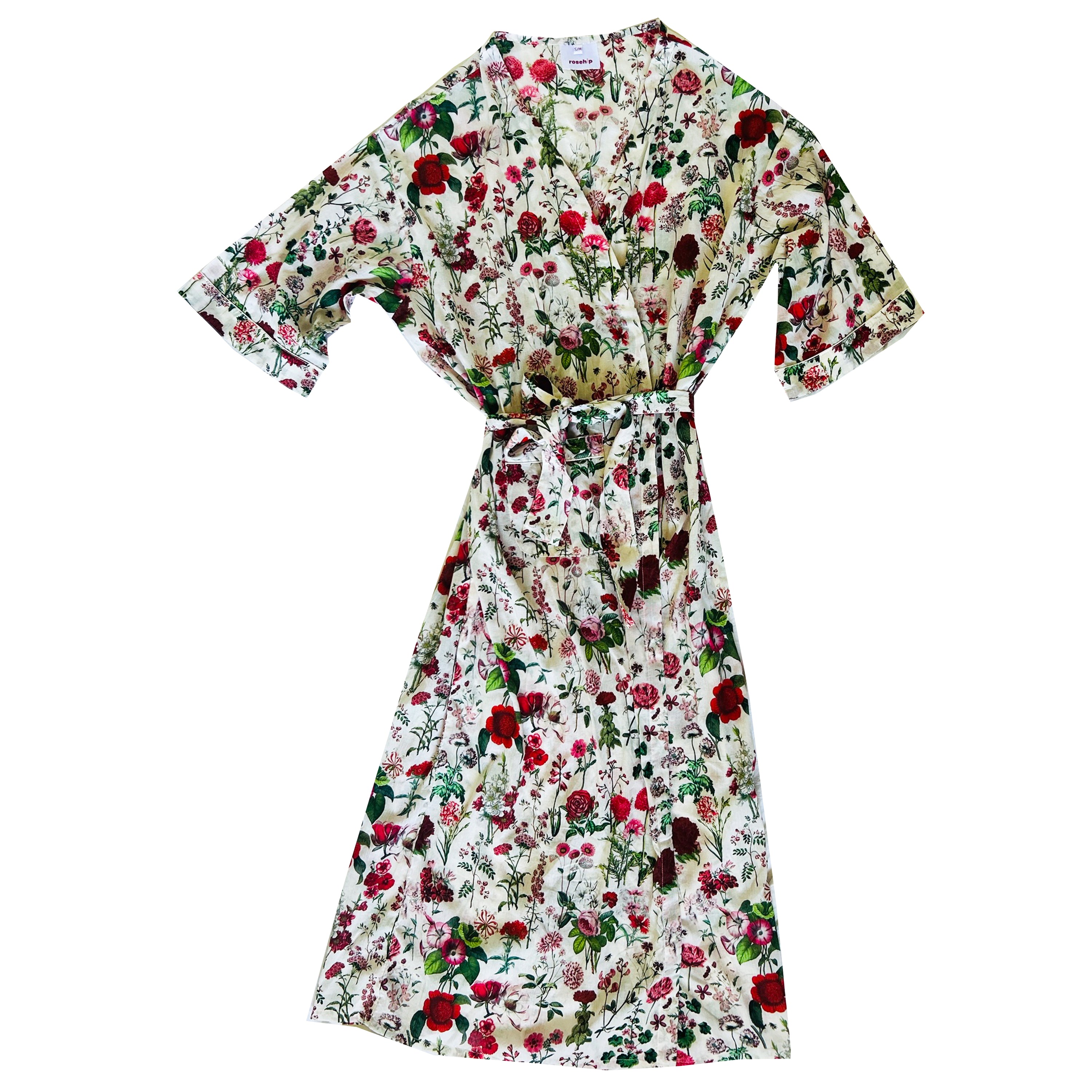 Rosehip Design Kimono is a fabulous long cotton voile robe, printed in our vivid Somerset design. They are generously sized and designed to be ankle length. Made from delicate, soft 100% Indian cotton packaged in a matching cotton bag - lovely for gifting!