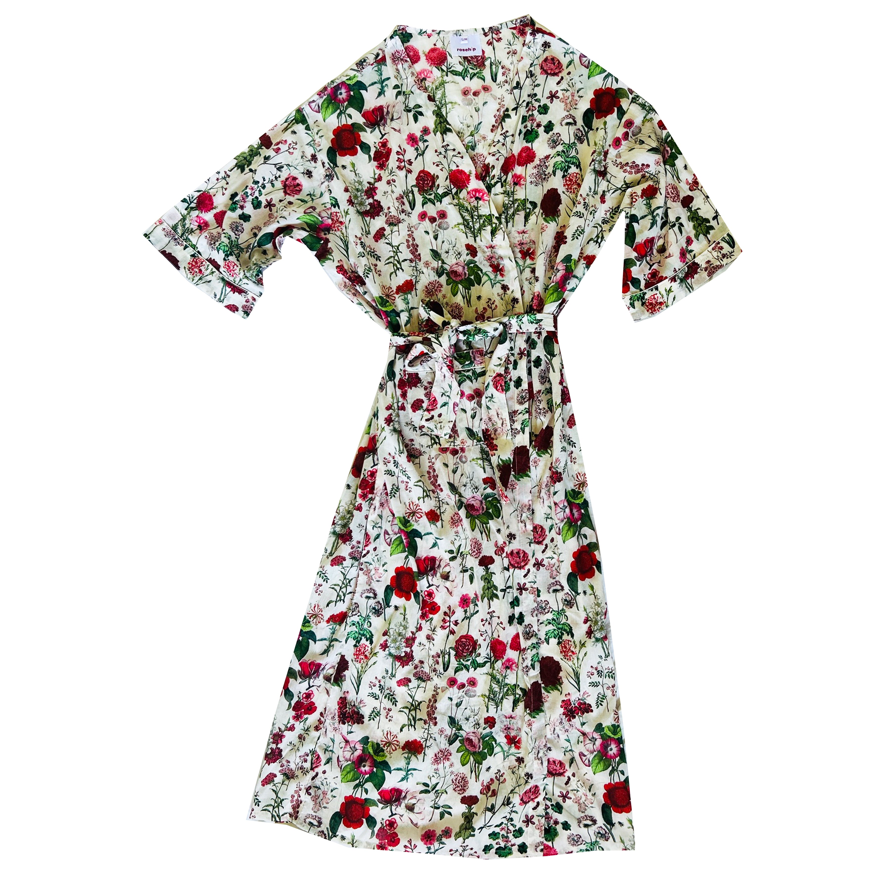 Rosehip Design Kimono is a fabulous long cotton voile robe, printed in our vivid Somerset design. They are generously sized and designed to be ankle length. Made from delicate, soft 100% Indian cotton packaged in a matching cotton bag - lovely for gifting!