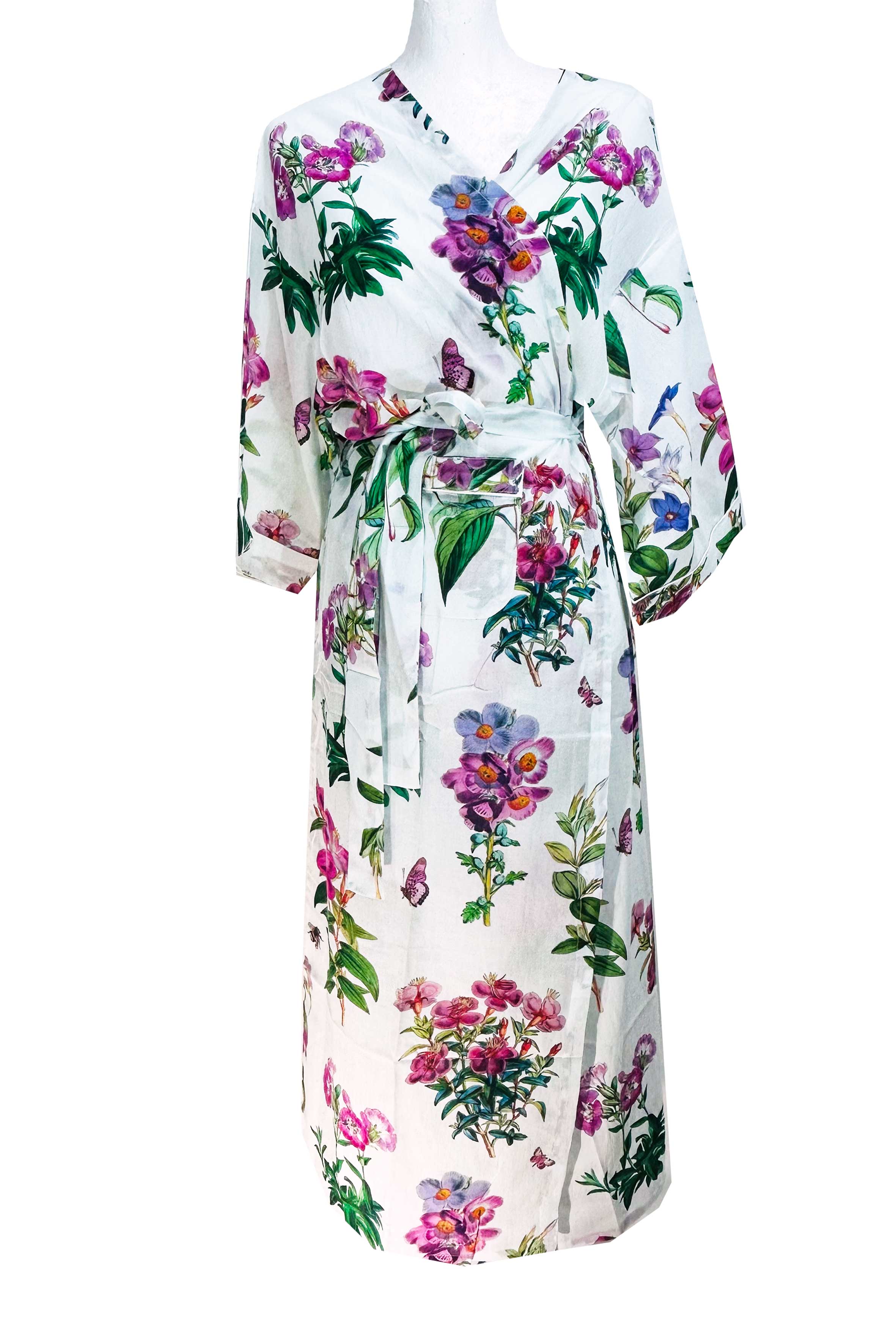 Rosehip Design Kimono is a fabulous long cotton voile robe, printed in our soothing Mavis design. They are generously sized and designed to be ankle length. Made from delicate, soft 100% Indian cotton packaged in a matching cotton bag - lovely for gifting!