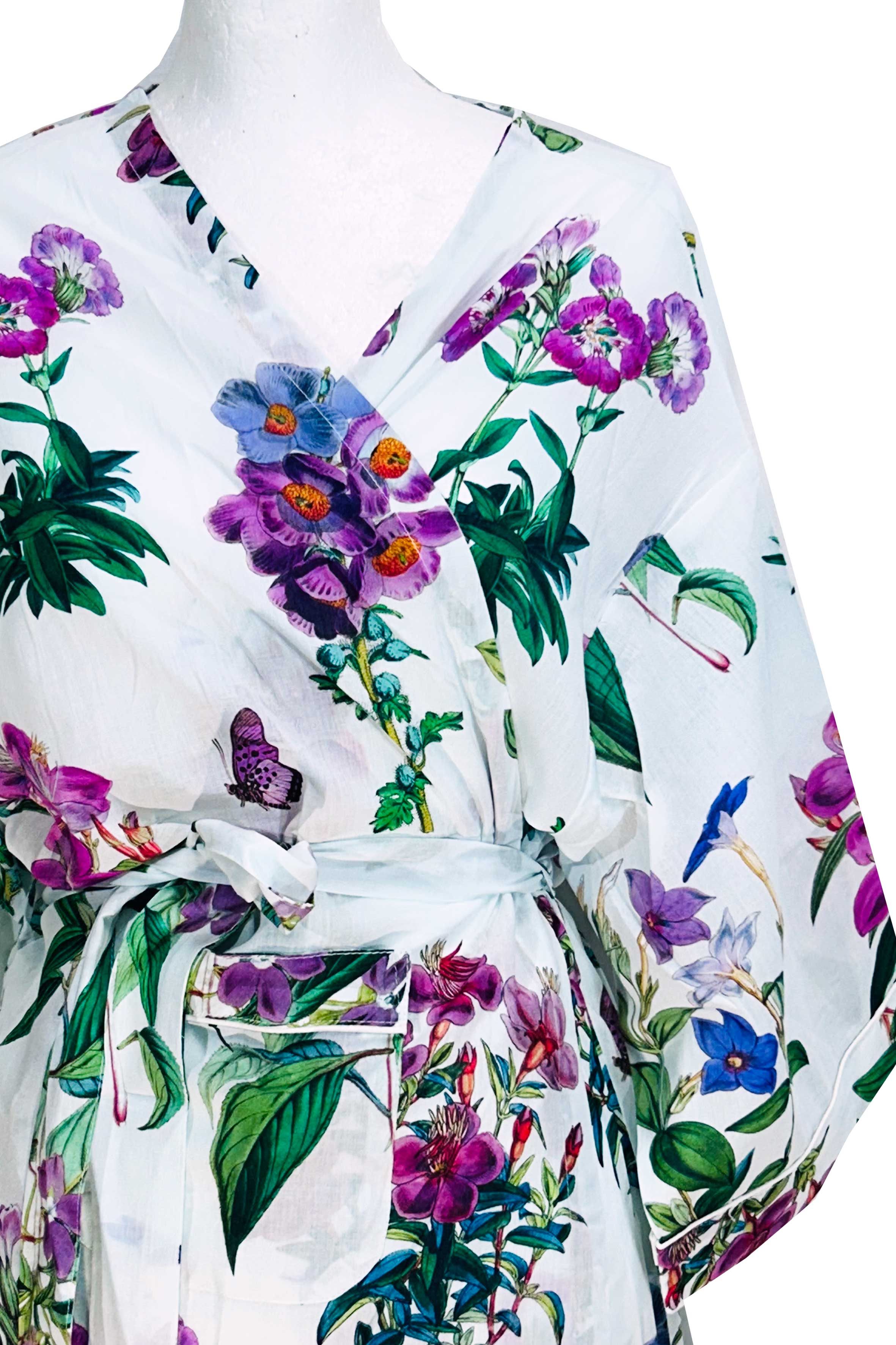 Rosehip Design Kimono is a fabulous long cotton voile robe, printed in our soothing Mavis design. They are generously sized and designed to be ankle length. Made from delicate, soft 100% Indian cotton packaged in a matching cotton bag - lovely for gifting!