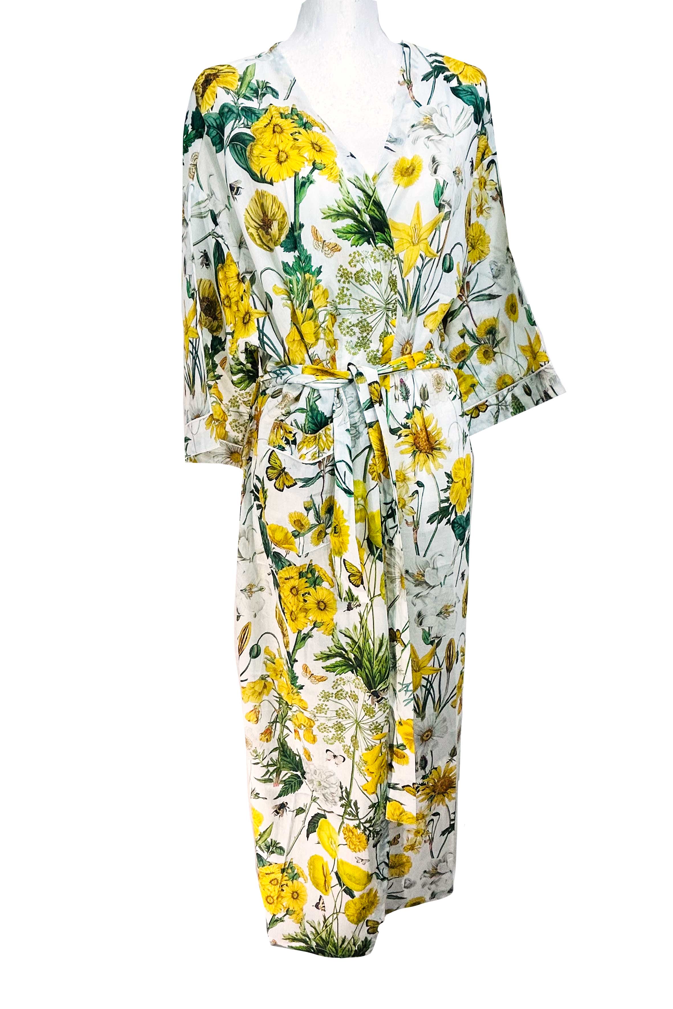 Rosehip Design Kimono is a fabulous long cotton voile robe, printed in our sunny Mellow Yellow design. They are generously sized and designed to be ankle length. Made from delicate, soft 100% Indian cotton packaged in a matching cotton bag - lovely for gifting!