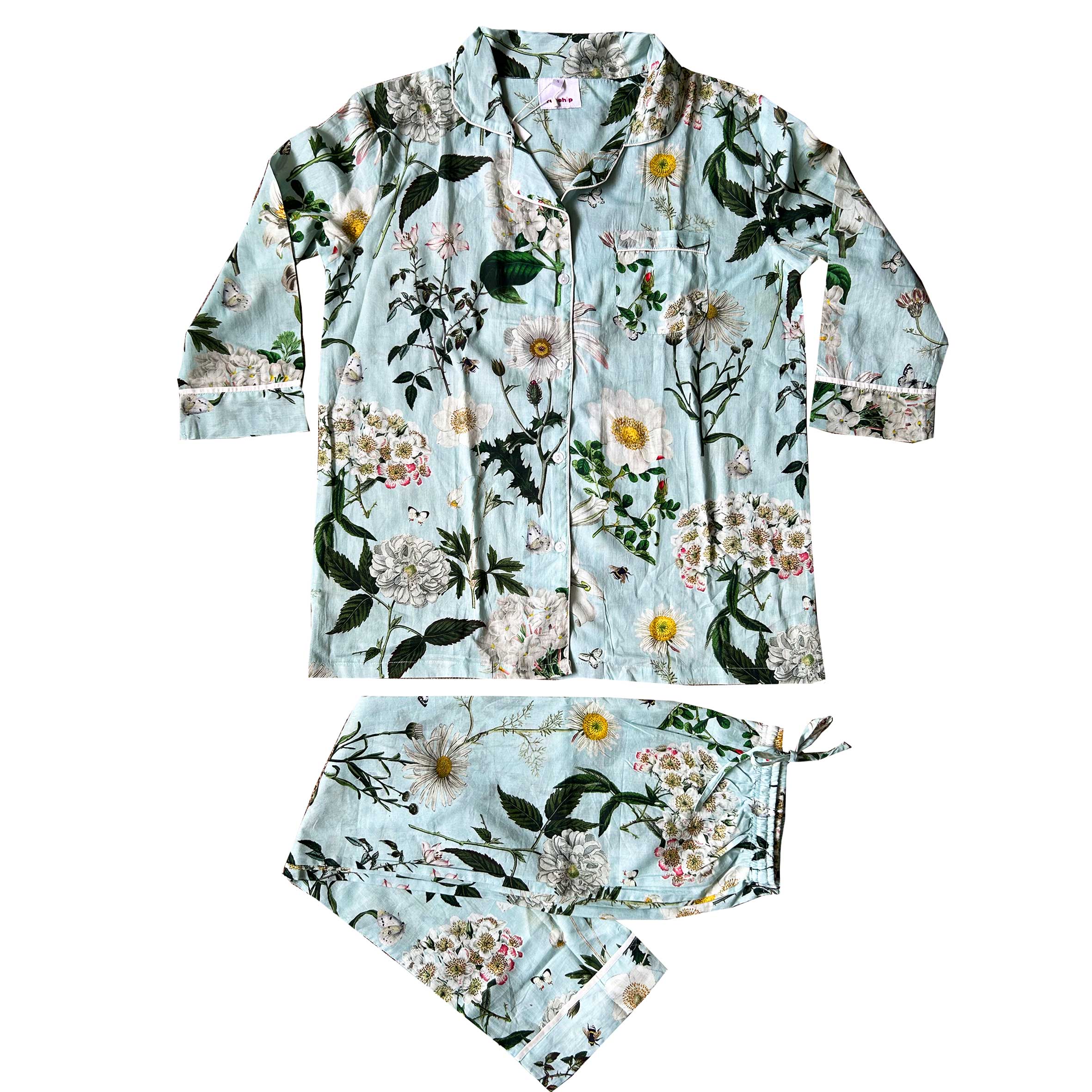 Rosehip Design Long Pyjamas in our calming Heavenly Aqua print are made from 100% soft Indian cotton voile. The cuffs have contrast piping and the bottoms have drawstring as well as elastic. They are a comfy fit and come packaged in a matching drawstring bag.