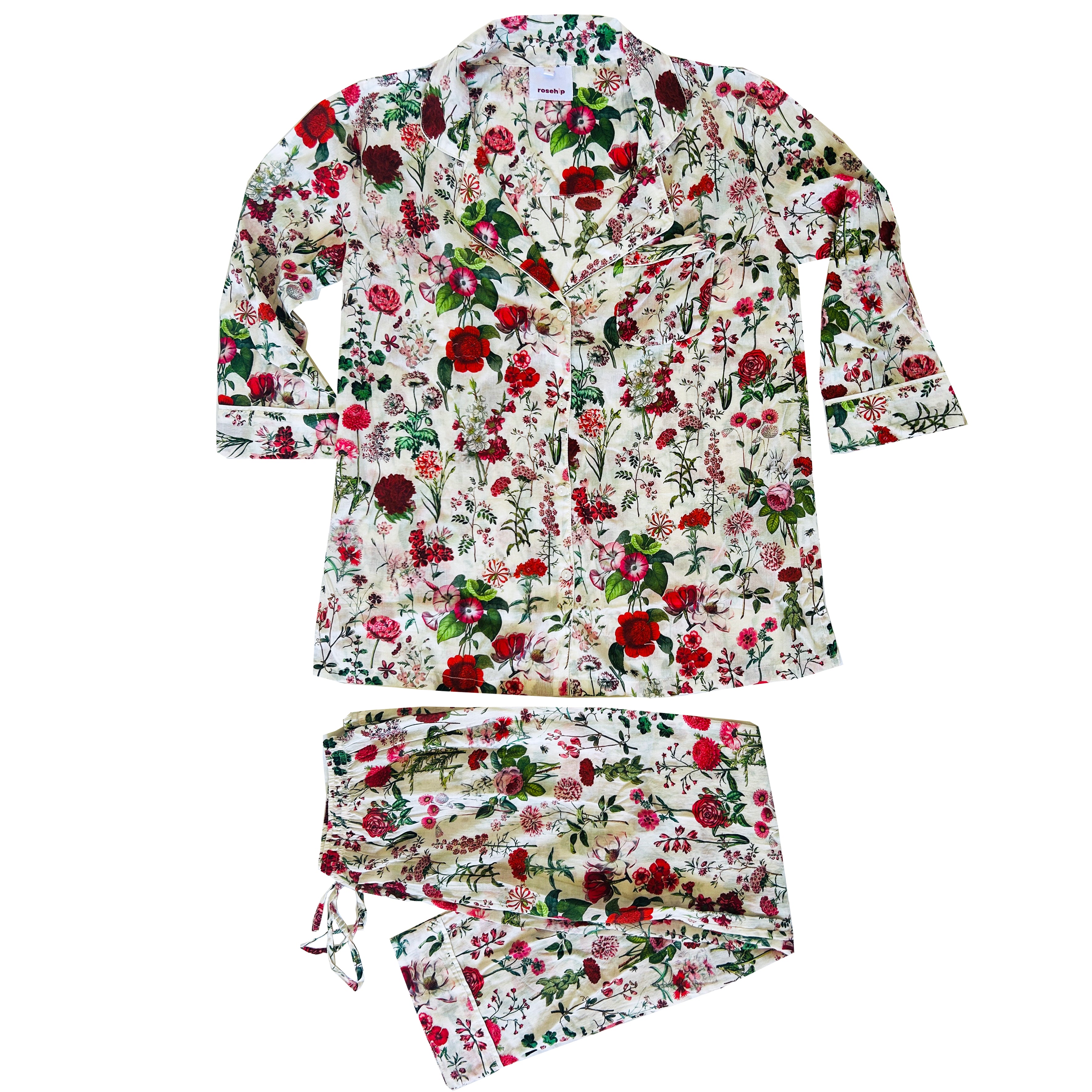 Rosehip Design Long Pyjamas in our striking Somerset print are made from 100% soft Indian cotton voile. The cuffs have contrast piping and the bottoms have drawstring as well as elastic. They are a comfy fit and come packaged in a matching drawstring bag.