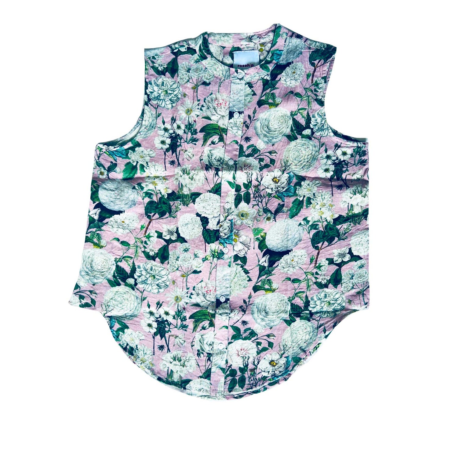 The Maeve is a fabulous sleeveless Linen shirt with buttons down the front and a beautifully curved hem. Available in Rosehip Design&