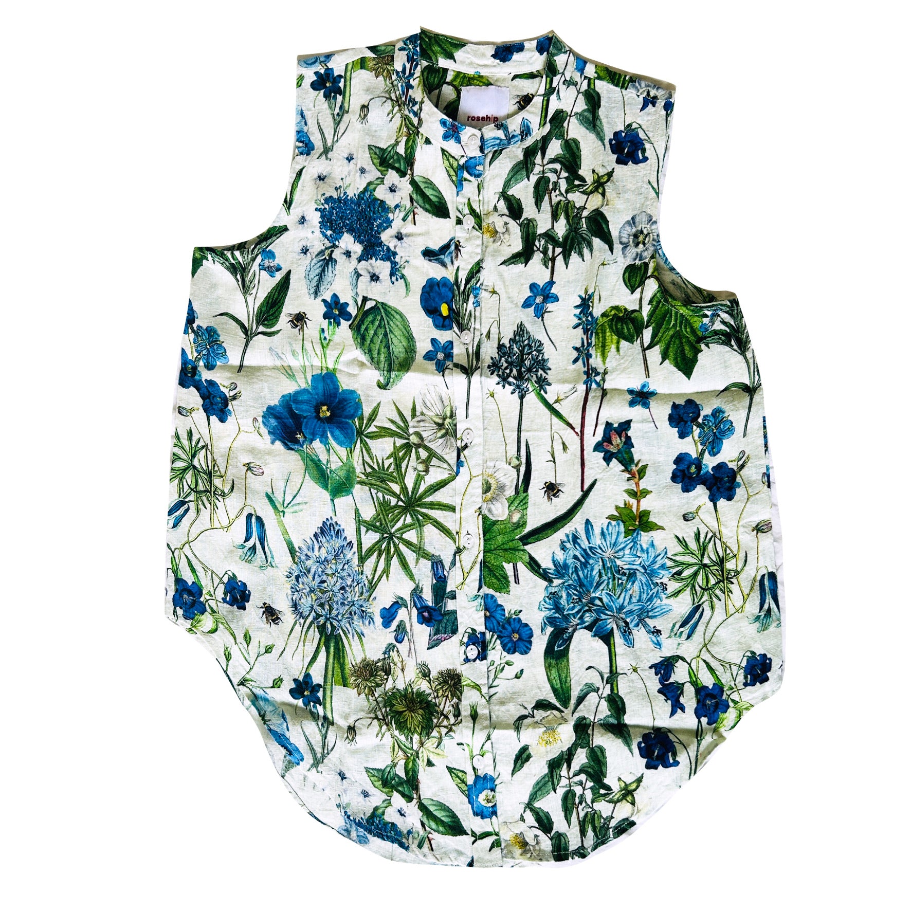 The Maeve is a fabulous sleeveless Linen shirt with buttons down the front and a beautifully curved hem. Available in Rosehip Design&