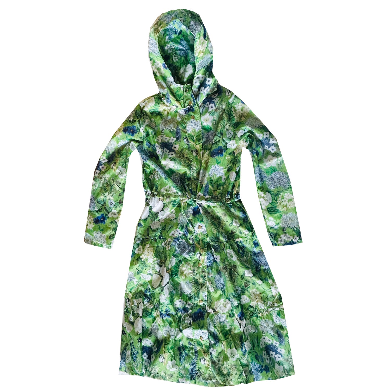 Beautiful light-weight calf length summer parka in a fresh Spring Green design. 
The Windsor Parka from Rosehip Design has a long tiered skirt, drawstring waist and fully lined hood.