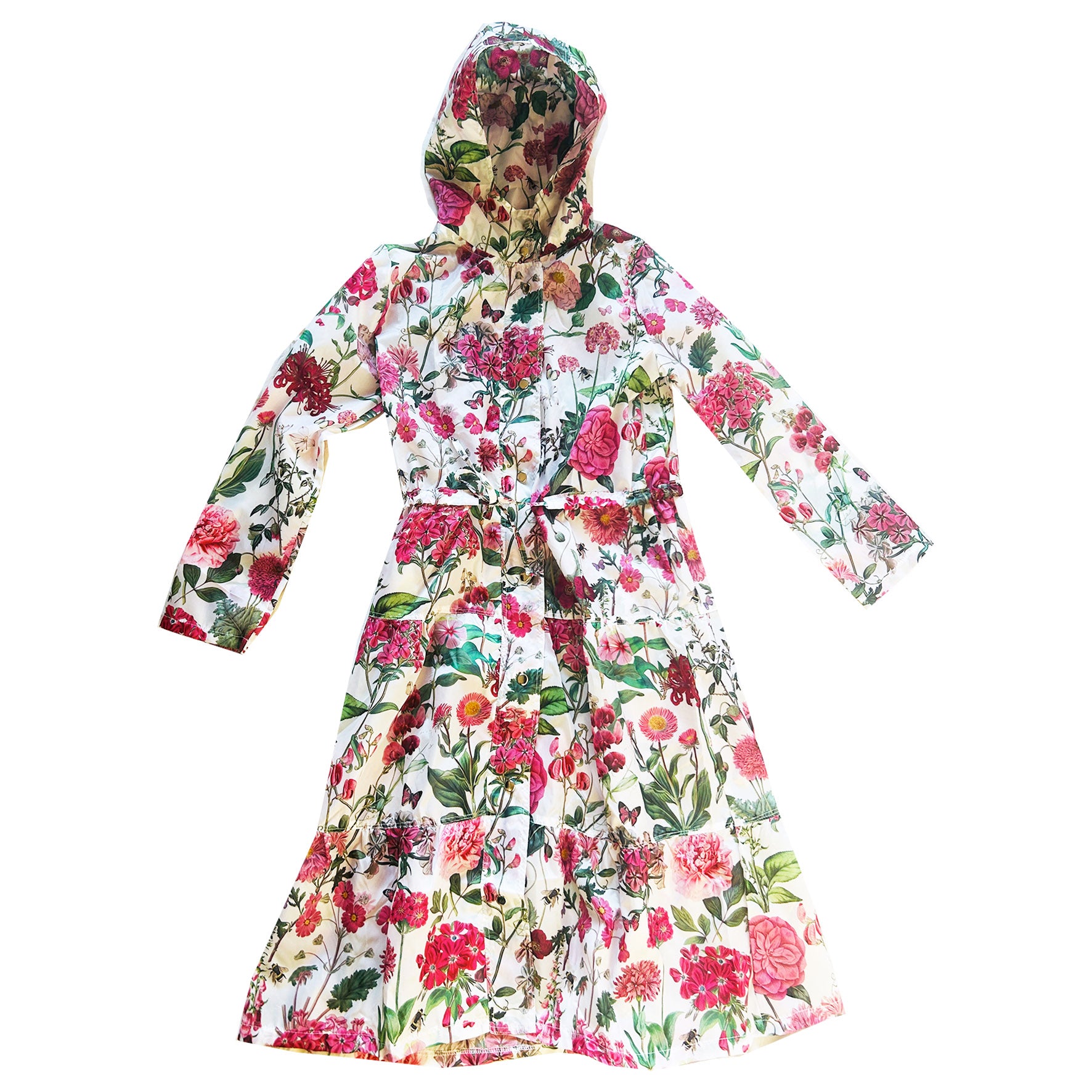 Beautiful light-weight calf length summer parka from Rosehip Design in our vibrant Sweetpeas design. The Windsor Parka has a long tiered skirt, drawstring waist and fully lined hood.
