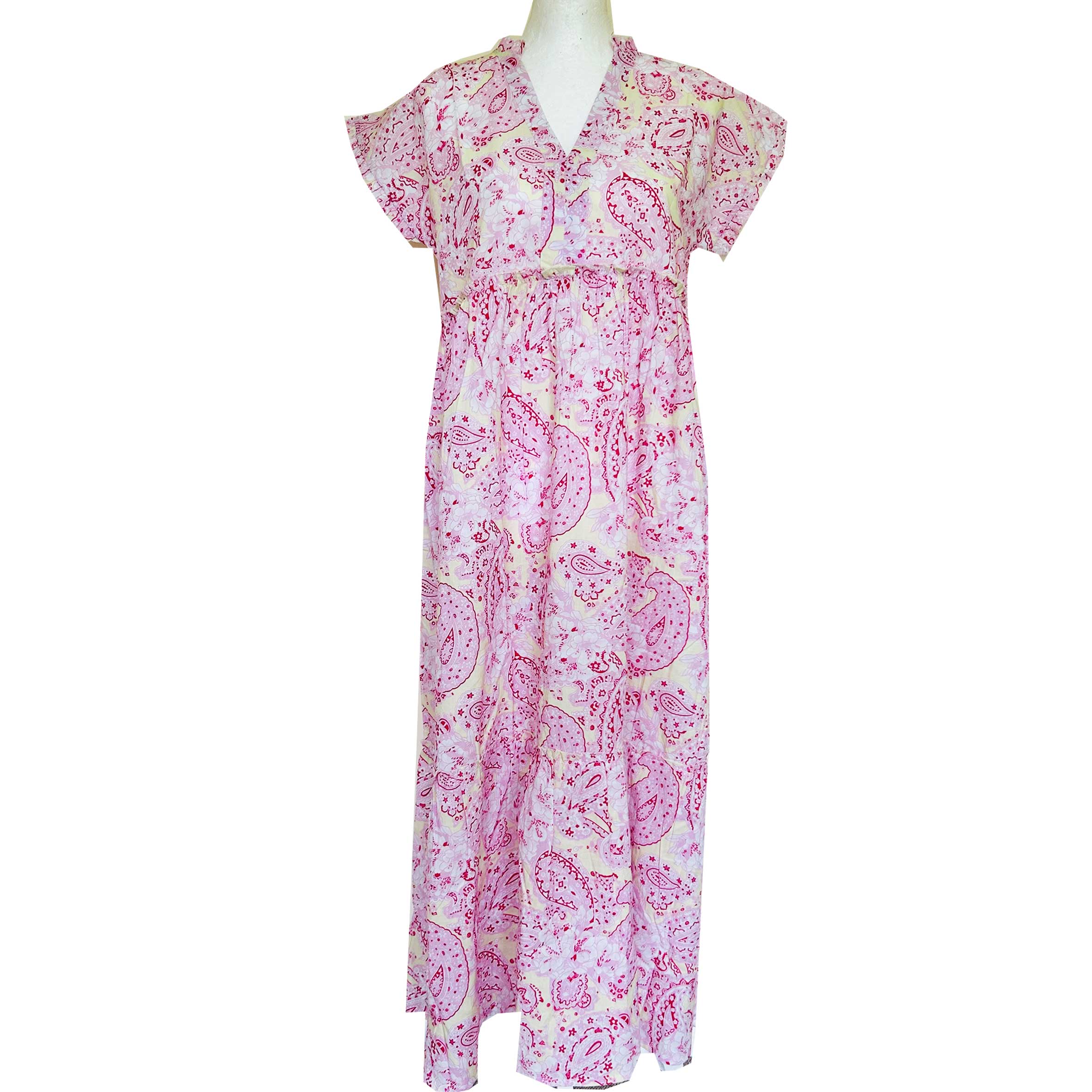 Rosehip Design Olivia is a beautiful cotton dress in our stylish pink and yellow Paisley Rhubarb print. The Olivia dress has short, capped sleeves with a rough frill. The skirt is tiered and has pockets.