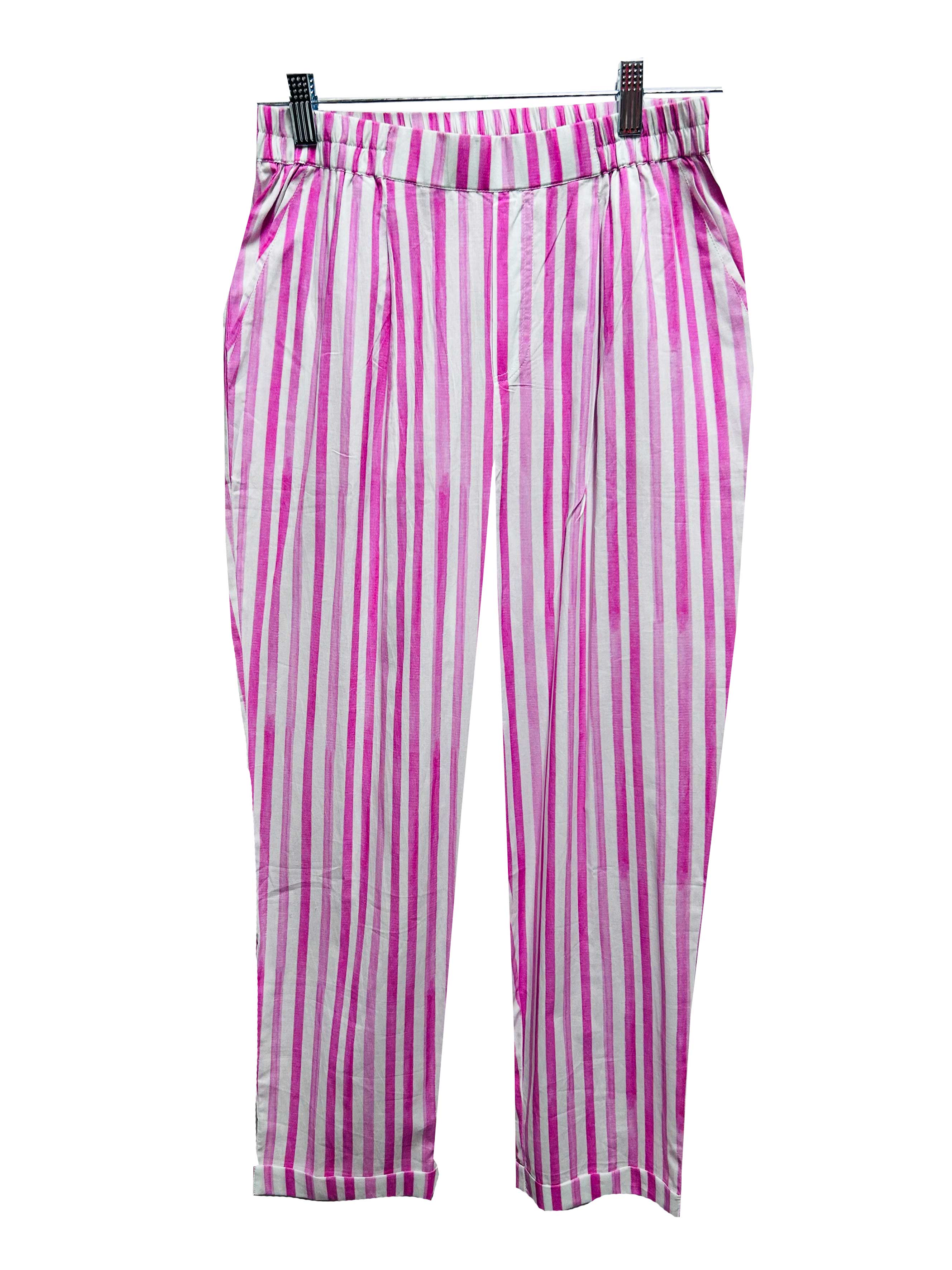 Rosehip Design Roma Trousers are comfortable and casual with an elasticated waist, pockets in the front and on the back. They are made from 100% soft Indian cotton and printed in a fun, washed pink, Candy stripe. Team with the Julia Shirt.