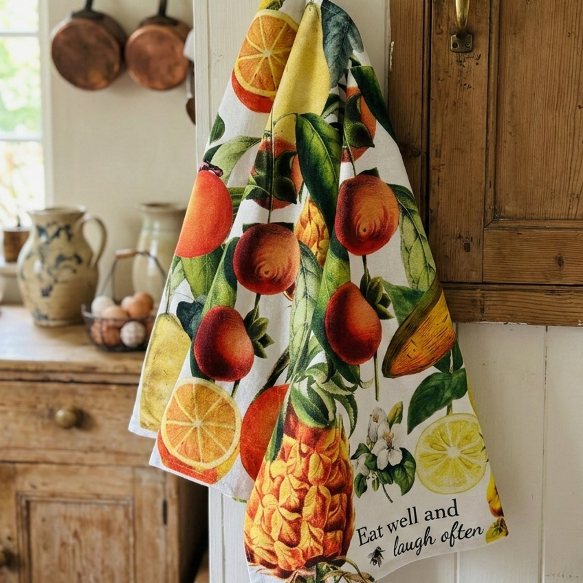 This stylish tea towel from Rosehip Design features a vibrant, vintage-inspired floral themed print.
Made from 100% cotton, this practical and highly absorbent essential makes drying dishes effortless.
Complete with a hanging loop, it is a durable, machine-washable accessory.
Also available in matching Apron and Heart Pot Holder.