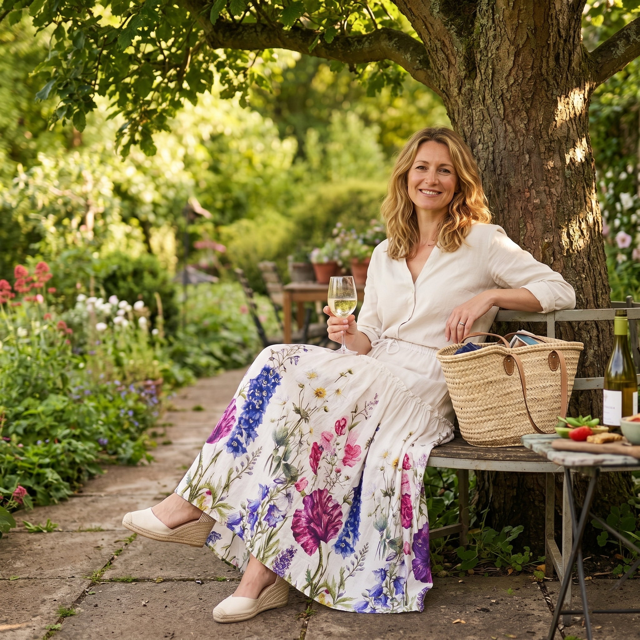 Woman in a garden setting holding a glass of wine, surrounded by nature.