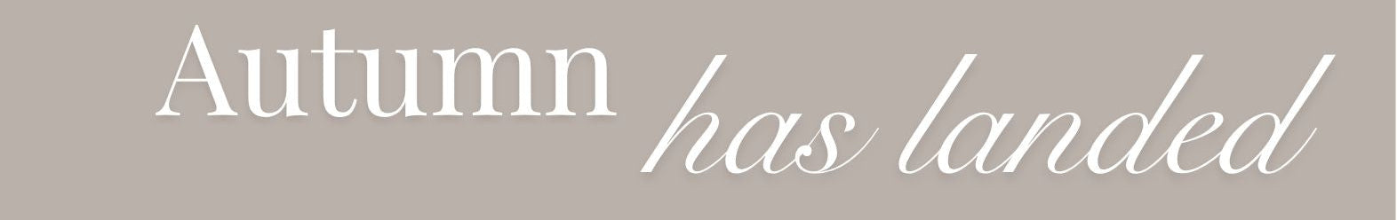 A horizontal banner with a warm taupe-gray background and white text reading 'Autumn has landed' in serif and script fonts.