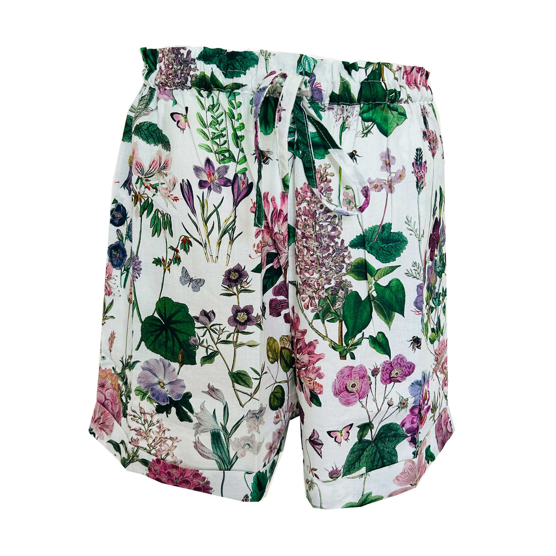 Rosehip Design Abbey Shorts - soft, lightweight cotton shorts with drawstring in our stunning Mallow design of pinks, lilacs and green