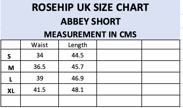 Rosehip Design Abbey Shorts Mallow sizing guide