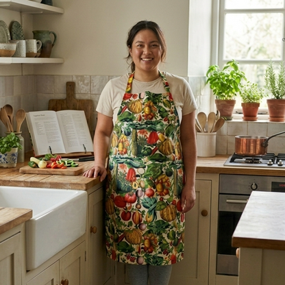 This striking floral apron from Rosehip Design is a stylish and practical choice for cooking or gardening.
The comfortable cotton design features an adjustable neck strap and generous deep pockets for tools.
Durable and machine-washable, it offers full coverage and long-lasting elegance in the kitchen.
Also available in Matching Tea Towels and Heart Pot Holders. 
