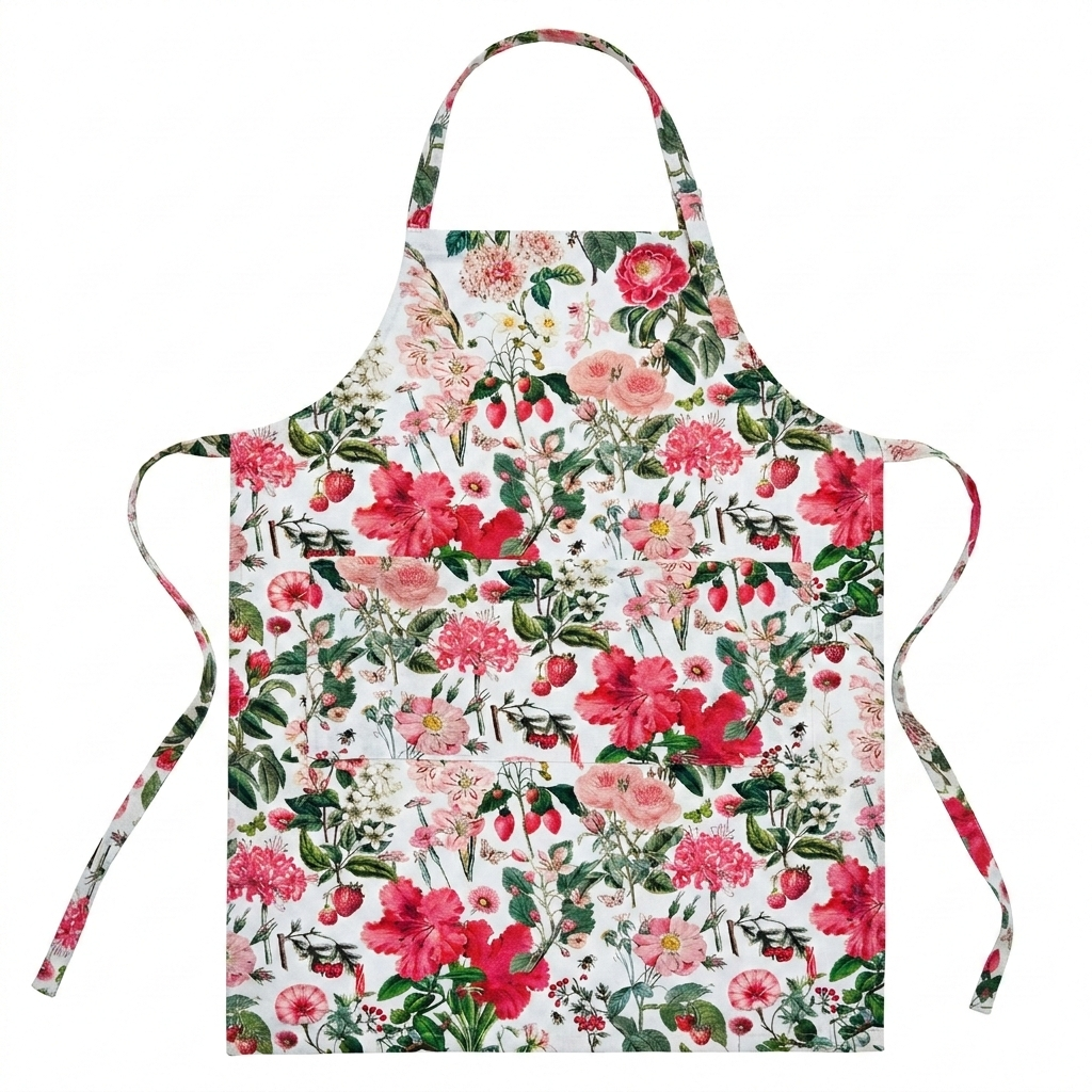 This striking floral apron from Rosehip Design is a stylish and practical choice for cooking or gardening.
The comfortable cotton design features an adjustable neck strap and generous deep pockets for tools.
Durable and machine-washable, it offers full coverage and long-lasting elegance in the kitchen.
Also available in Matching Tea Towels and Heart Pot Holders. 