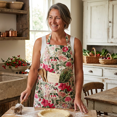 This striking floral apron from Rosehip Design is a stylish and practical choice for cooking or gardening.
The comfortable cotton design features an adjustable neck strap and generous deep pockets for tools.
Durable and machine-washable, it offers full coverage and long-lasting elegance in the kitchen.
Also available in Matching Tea Towels and Heart Pot Holders. 