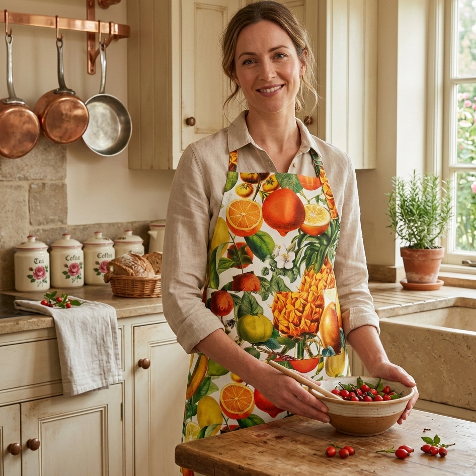 This striking floral apron from Rosehip Design is a stylish and practical choice for cooking or gardening.
The comfortable cotton design features an adjustable neck strap and generous deep pockets for tools.
Durable and machine-washable, it offers full coverage and long-lasting elegance in the kitchen.
Also available in Matching Tea Towels and Heart Pot Holders. 