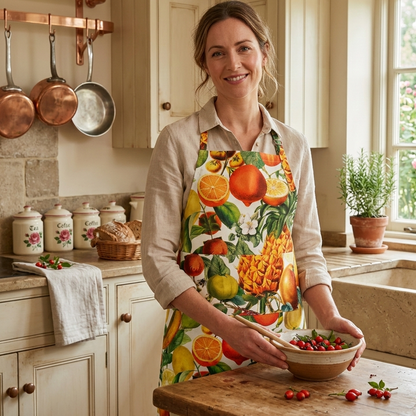 This striking floral apron from Rosehip Design is a stylish and practical choice for cooking or gardening.
The comfortable cotton design features an adjustable neck strap and generous deep pockets for tools.
Durable and machine-washable, it offers full coverage and long-lasting elegance in the kitchen.
Also available in Matching Tea Towels and Heart Pot Holders. 