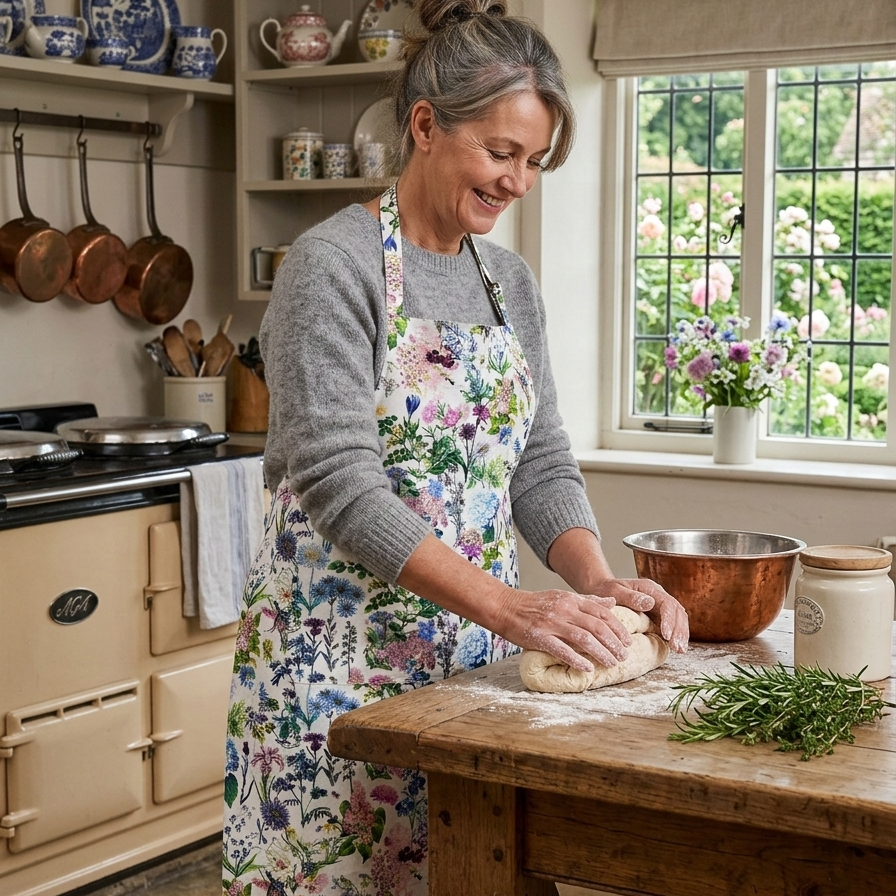 Woman in a kitchen wearing a Rosehip Wonderful World floral apron, kneading dough on a wooden table.
