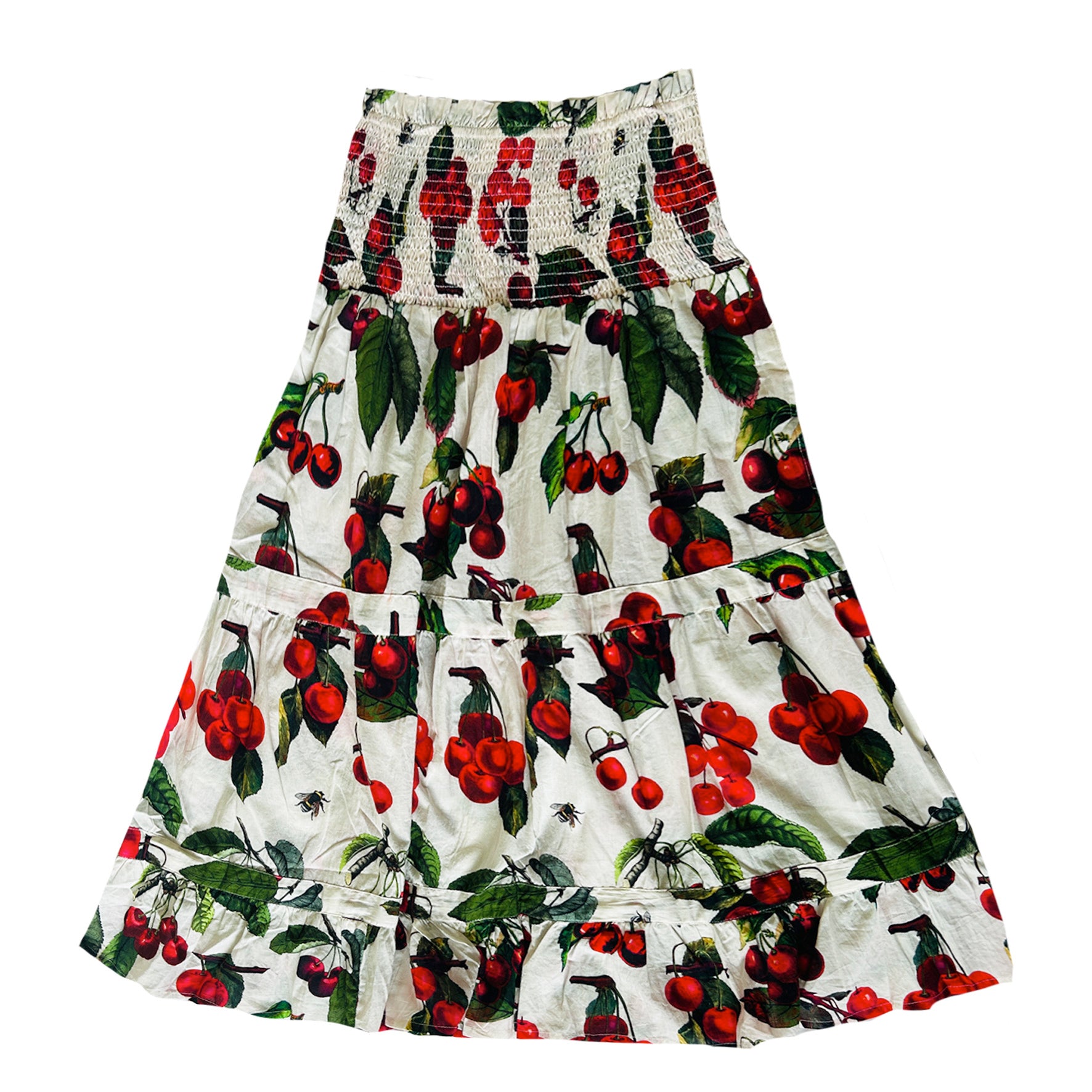 Rosehip Design Bella Cotton Skirt in our edible Cherries design is a beautifully feminine, effortlessly comfortable piece, perfect for Summer. Made from soft, breathable cotton with a flattering, flexible shirred waistband. The tiered design adds movement and a touch of romantic charm, while the addition of practical pockets makes it as functional as it is stylish.

Whether paired with a simple tee or the coordinating Hannah Shirt, it&