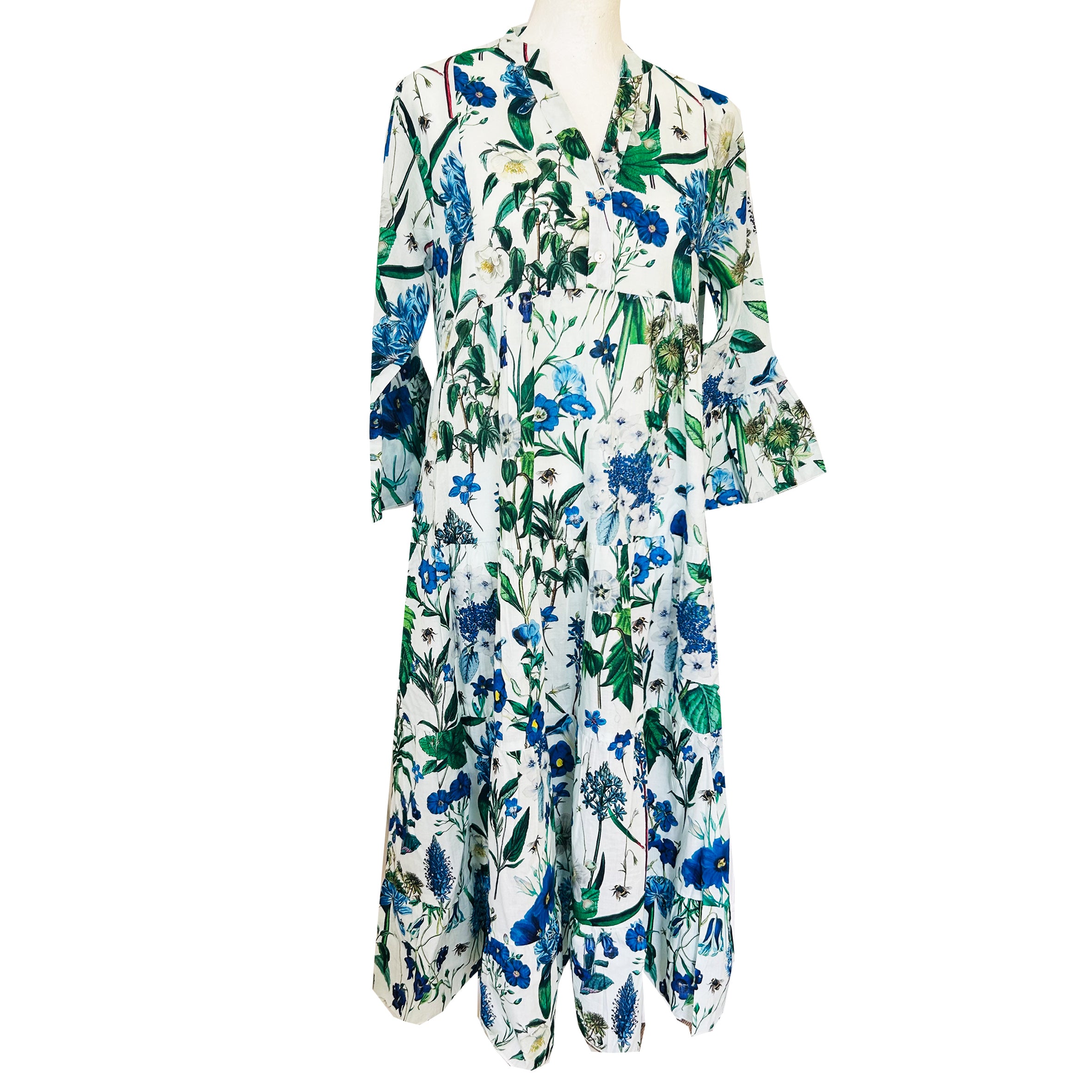 Rosehip Design Chloe Dress in Cobalt is a classic summer floral tiered dress in hues of blues with lovely long angel sleeves and side pockets, made from 100% soft Indian Cotton, packed in a matching bag.