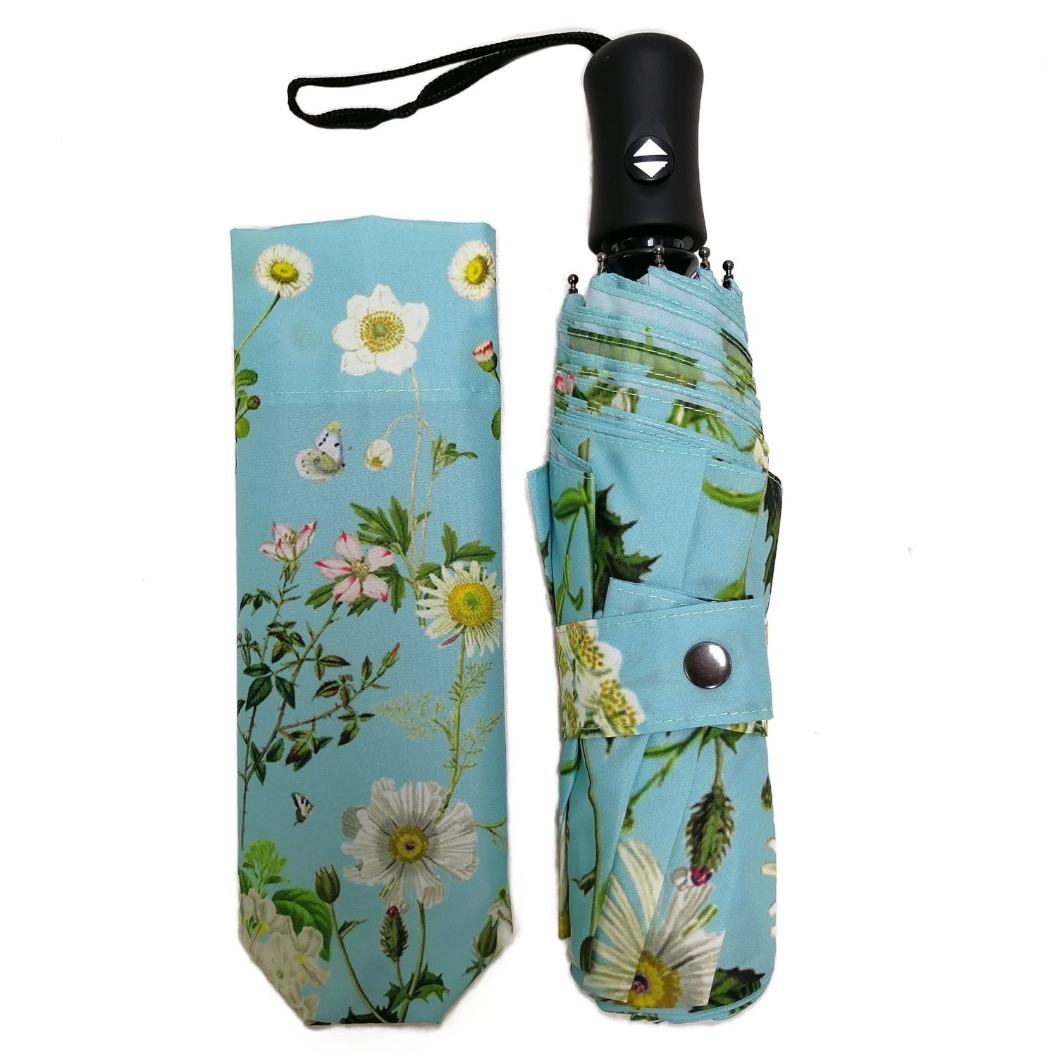 Rosehip Design Folding Umbrella is a sturdy, practical and waterproof rain umbrella with an auto pop-up button, perfectly sized for your car, bag or pocket. Make a statement with our dreamy Heavenly Aqua Design.