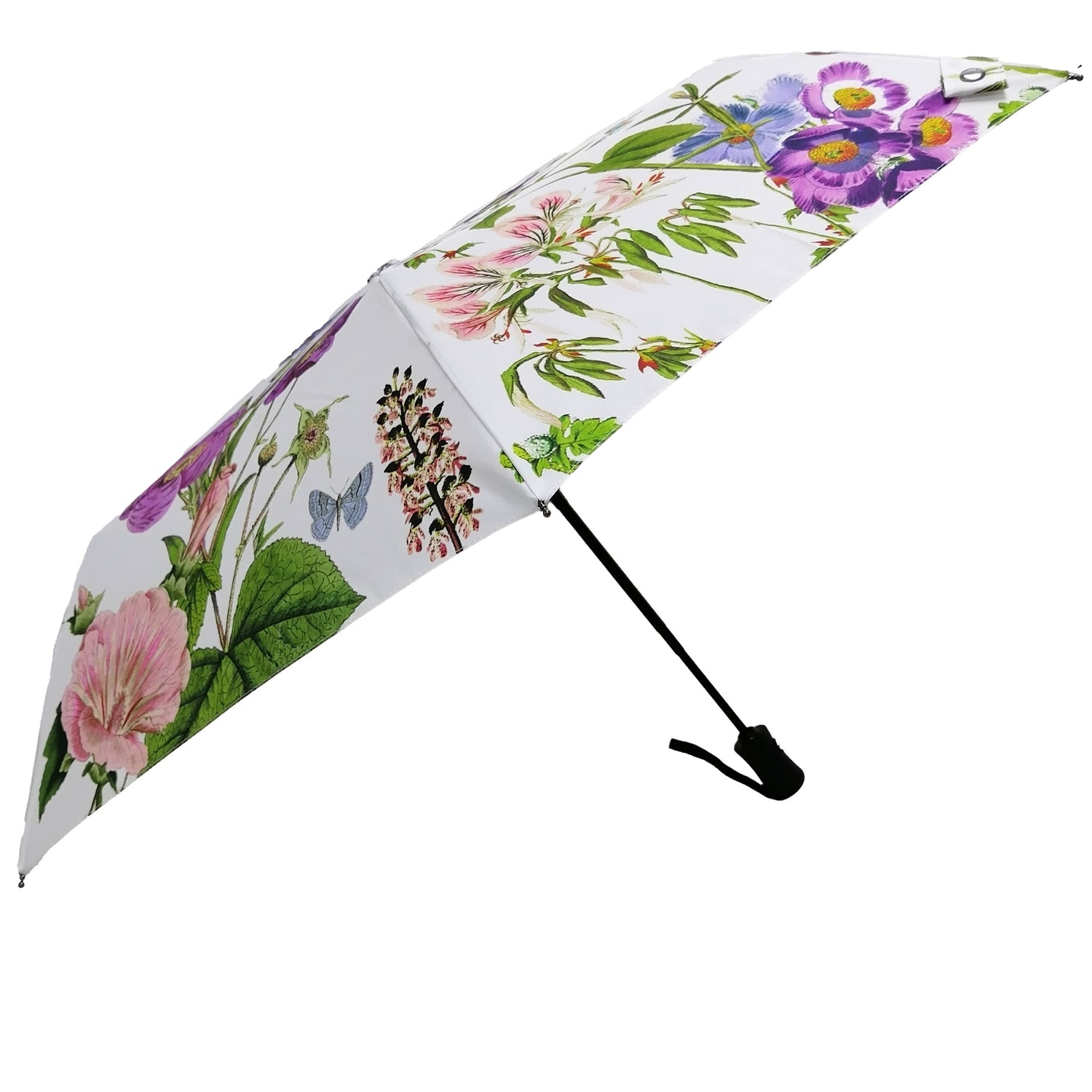 Rosehip Design Folding Umbrella is a sturdy, practical and waterproof rain umbrella with an auto pop-up button, perfectly sized for your car, bag or pocket. Our stunning Mallow design of pinks, lilacs and green will bring a hint of happiness to the dreariest of days.