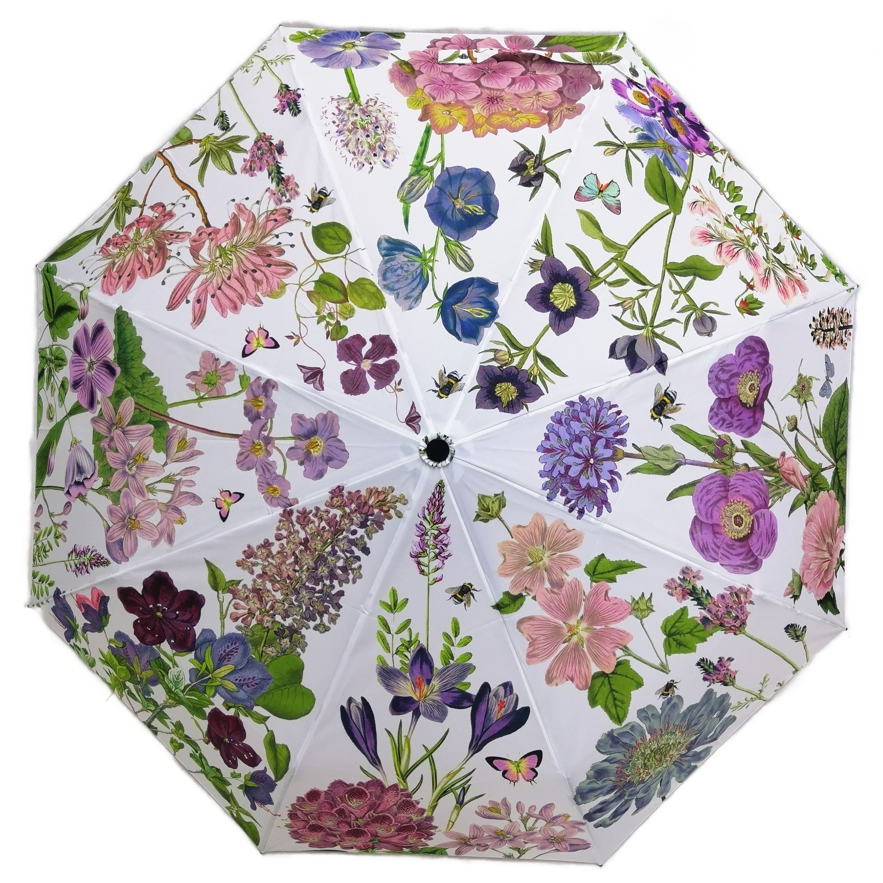 Rosehip Design Folding Umbrella is a sturdy, practical and waterproof rain umbrella with an auto pop-up button, perfectly sized for your car, bag or pocket. Our stunning Mallow design of pinks, lilacs and green will bring a hint of happiness to the dreariest of days.