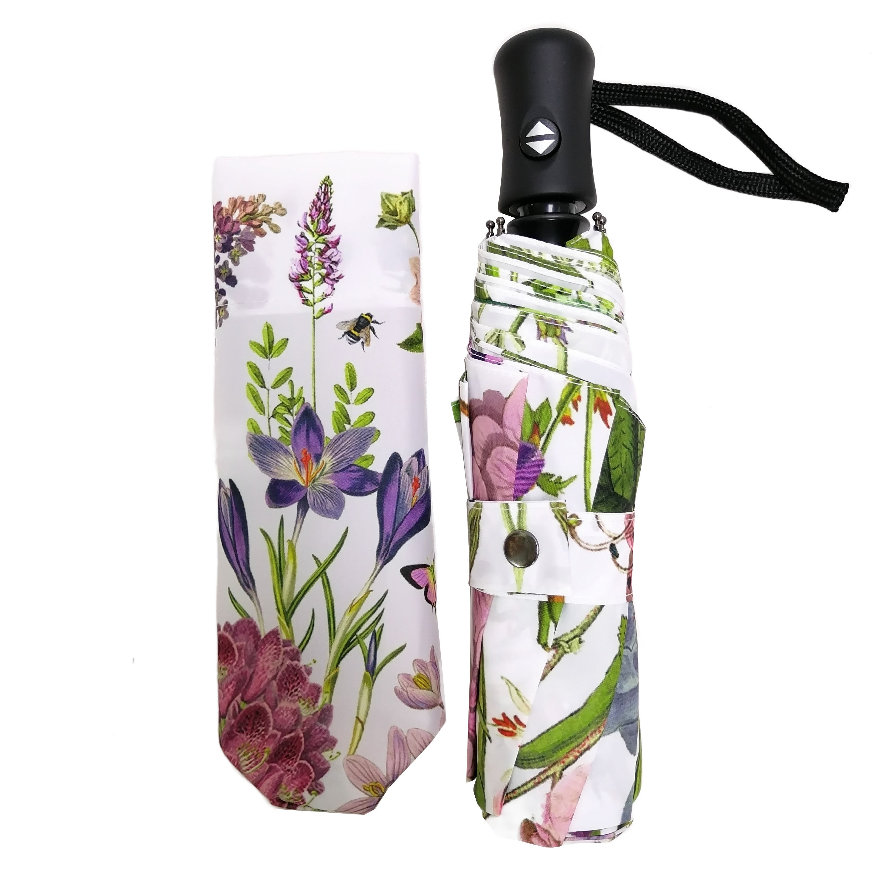 Rosehip Design Folding Umbrella is a sturdy, practical and waterproof rain umbrella with an auto pop-up button, perfectly sized for your car, bag or pocket. Our stunning Mallow design of pinks, lilacs and green will bring a hint of happiness to the dreariest of days.