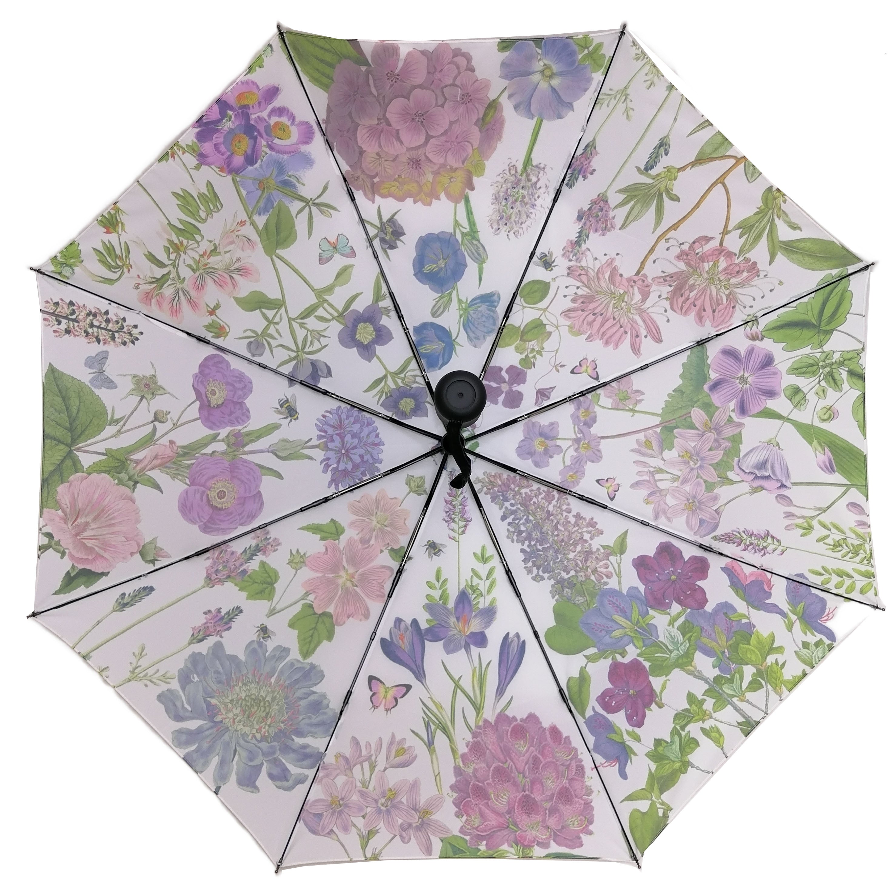 Rosehip Design Folding Umbrella is a sturdy, practical and waterproof rain umbrella with an auto pop-up button, perfectly sized for your car, bag or pocket. Our stunning Mallow design of pinks, lilacs and green will bring a hint of happiness to the dreariest of days.