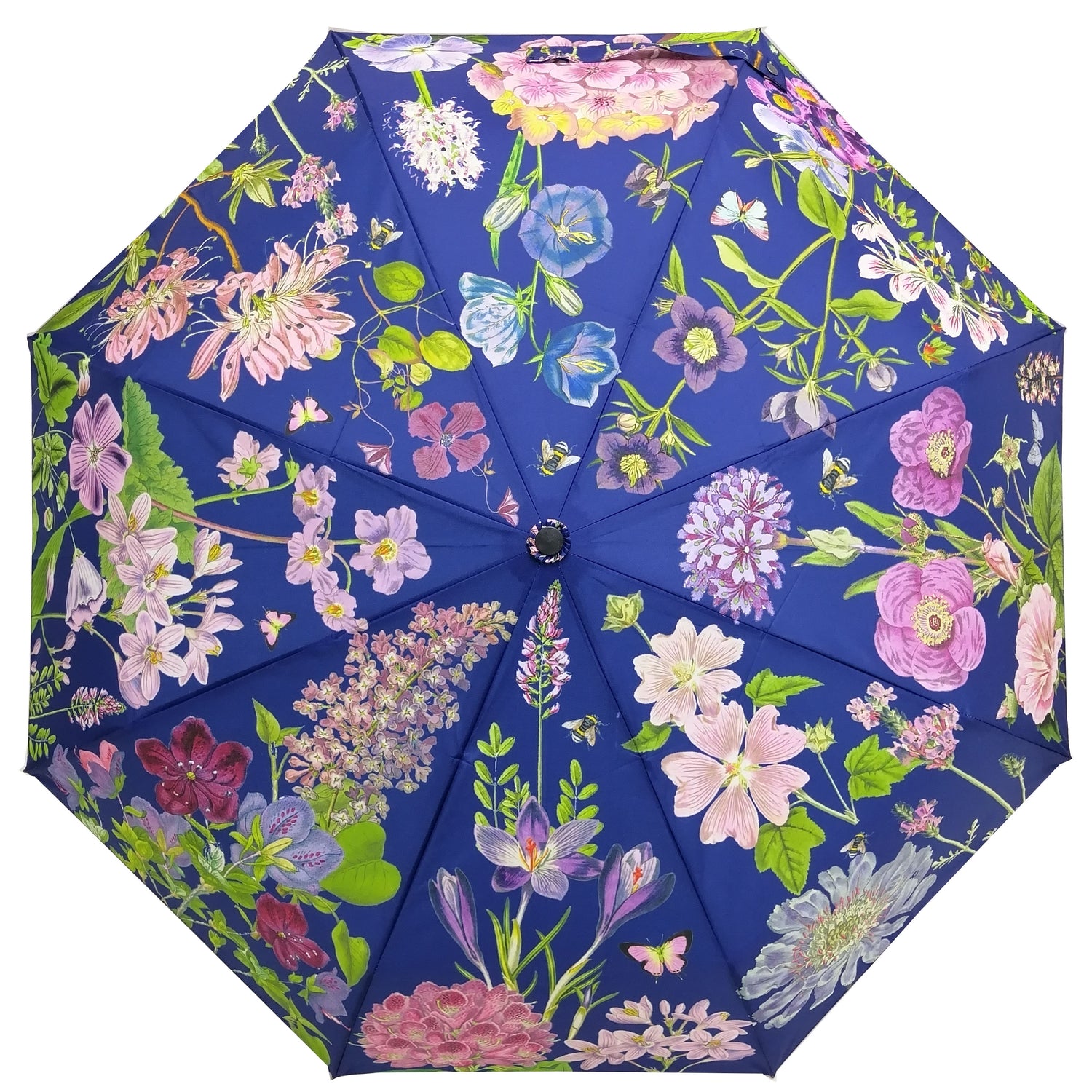 Rosehip Design Folding Umbrella is a sturdy, practical and waterproof rain umbrella with an auto pop-up button, perfectly sized for your car, bag or pocket. Be surrounded with floral joy in our magnificent Mallow Blues design.