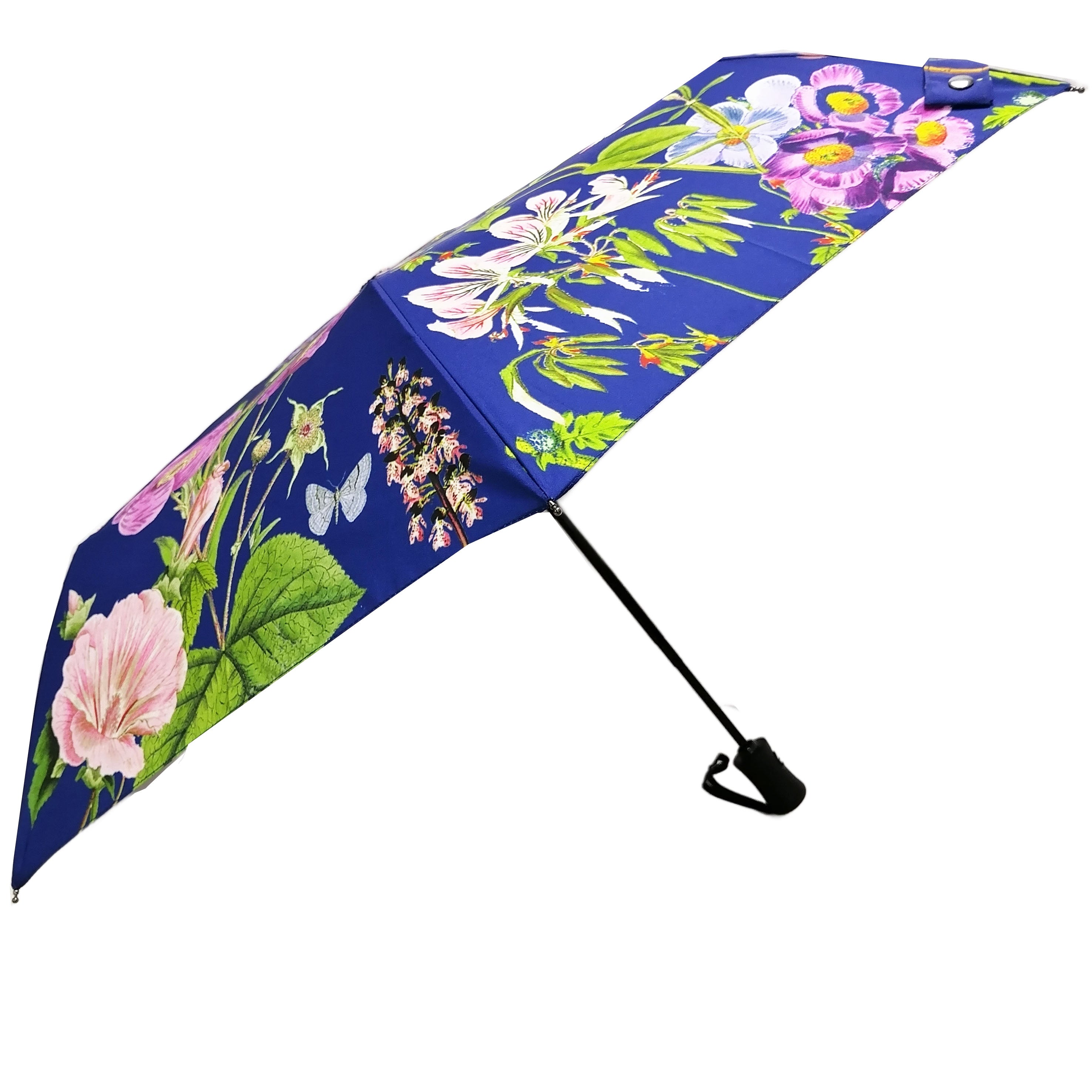 Rosehip Design Folding Umbrella is a sturdy, practical and waterproof rain umbrella with an auto pop-up button, perfectly sized for your car, bag or pocket. Be surrounded with floral joy in our magnificent Mallow Blues design.