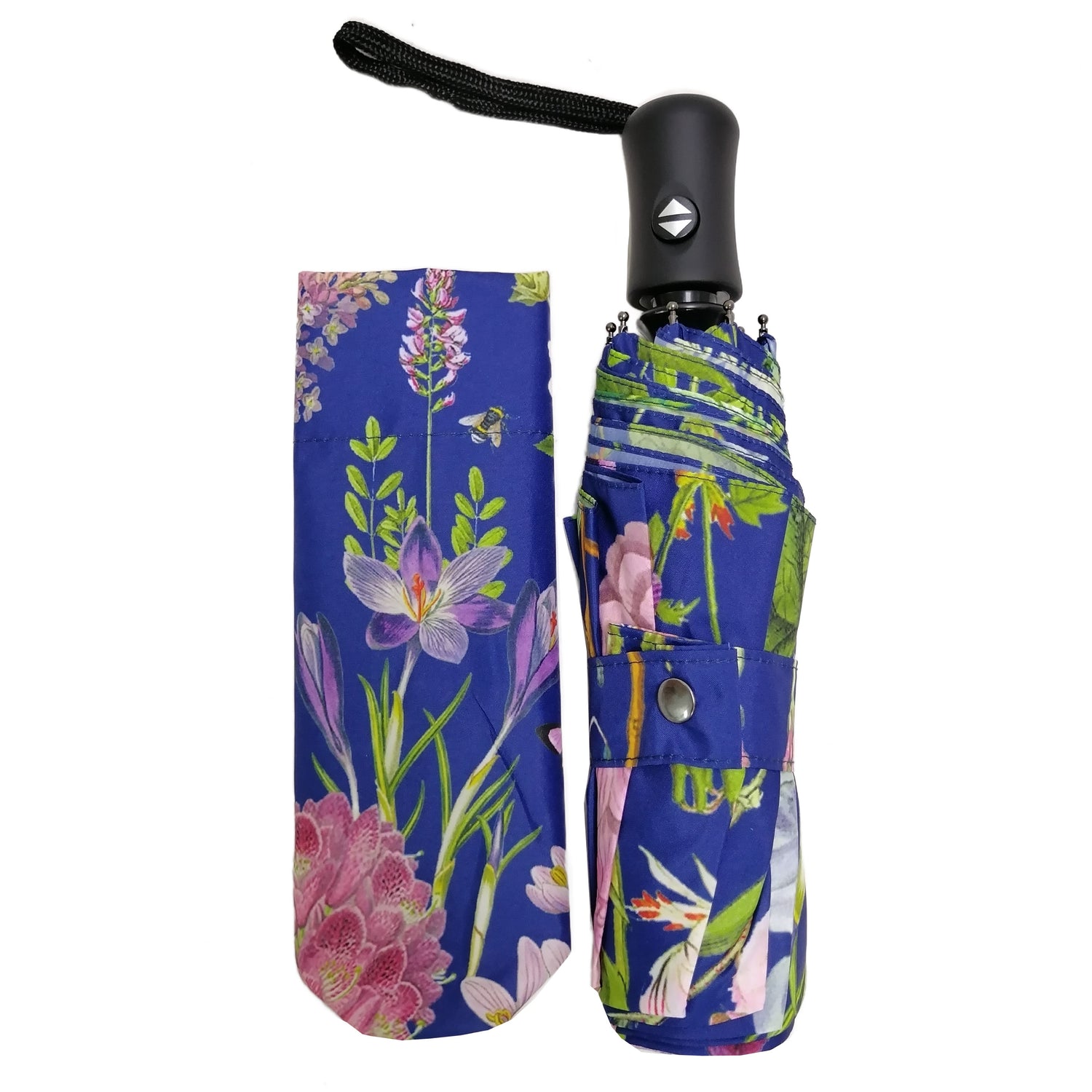 Rosehip Design Folding Umbrella is a sturdy, practical and waterproof rain umbrella with an auto pop-up button, perfectly sized for your car, bag or pocket. Be surrounded with floral joy in our magnificent Mallow Blues design.