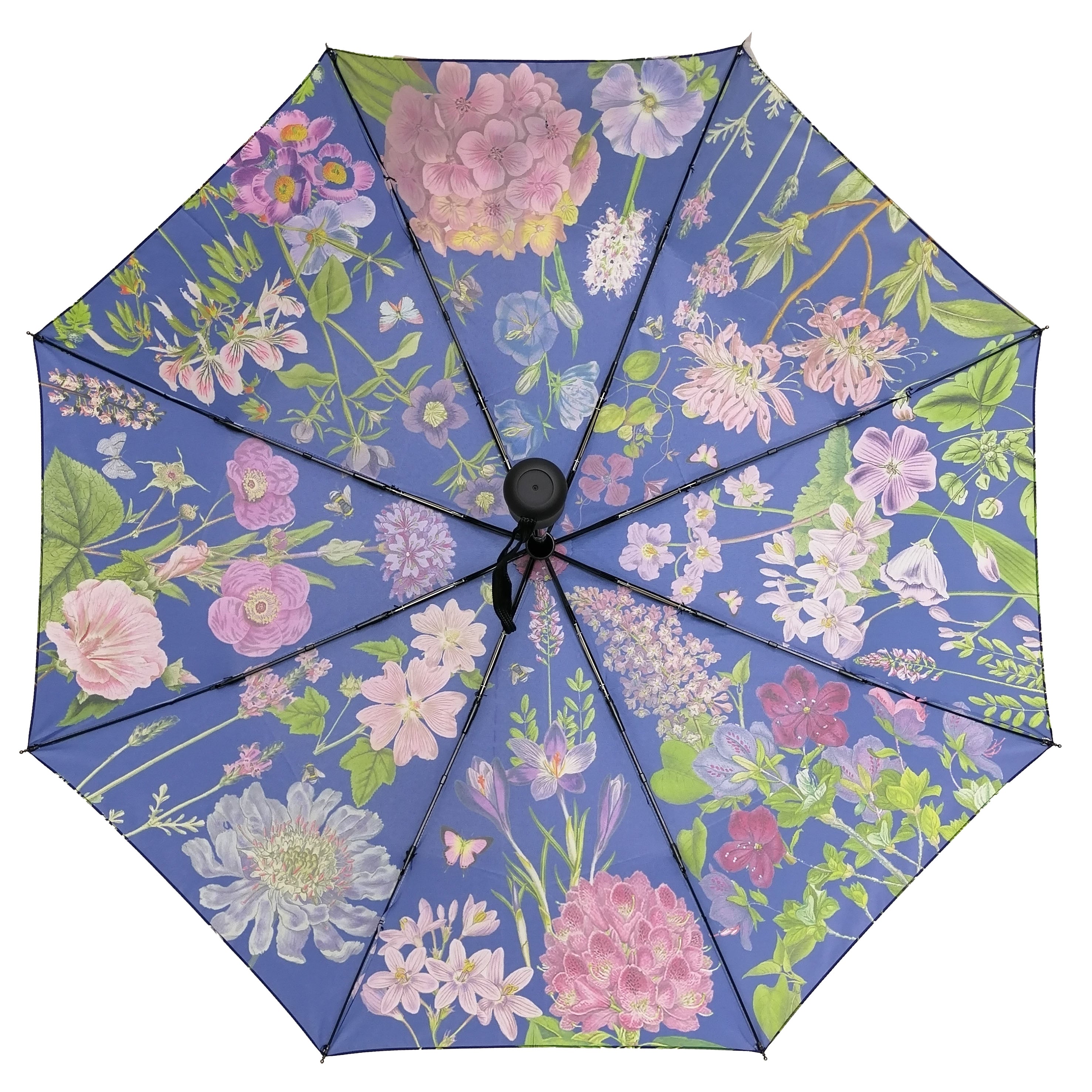 Rosehip Design Folding Umbrella is a sturdy, practical and waterproof rain umbrella with an auto pop-up button, perfectly sized for your car, bag or pocket. Be surrounded with floral joy in our magnificent Mallow Blues design.