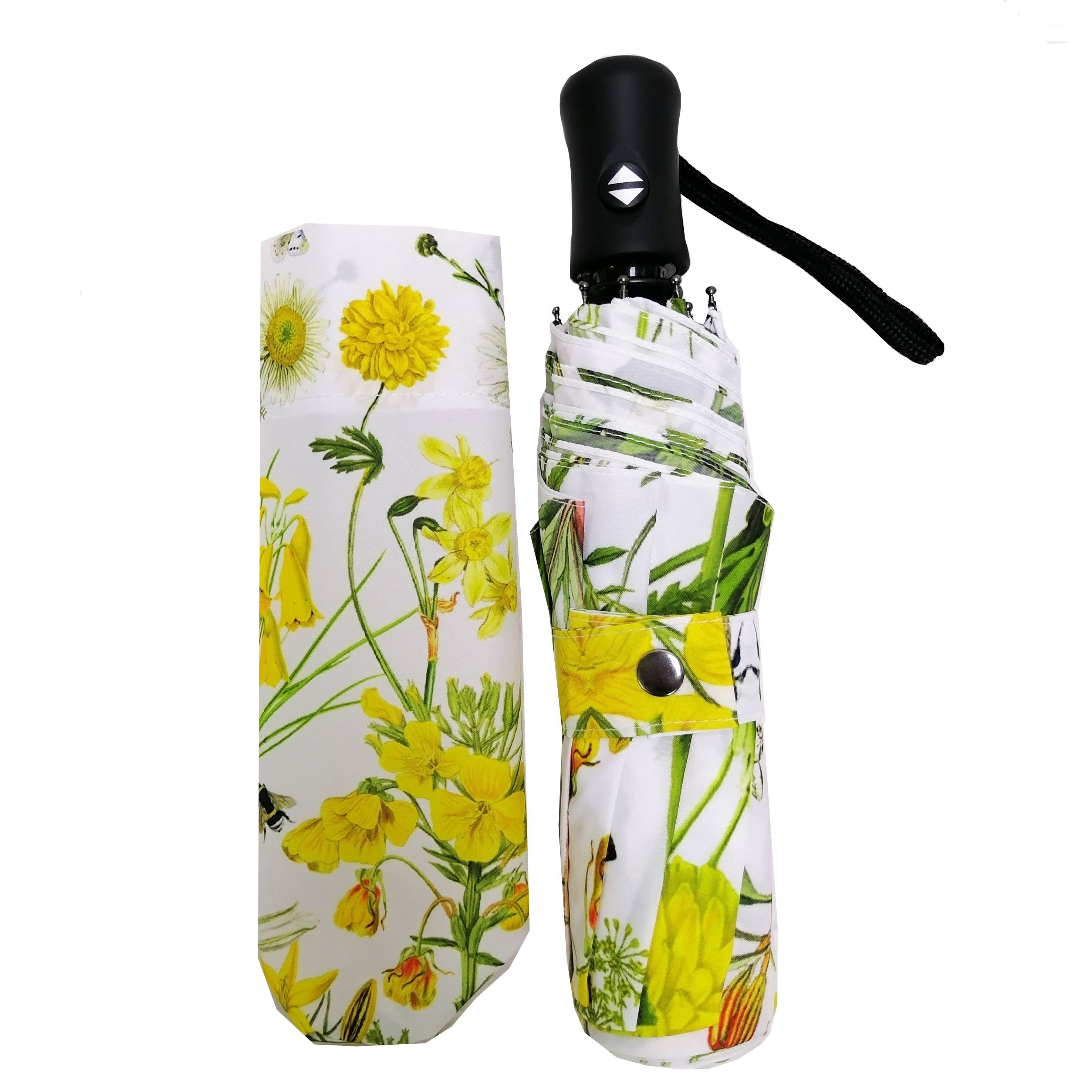 Rosehip Design Folding Umbrella is a sturdy, practical and waterproof rain umbrella with an auto pop-up button, perfectly sized for your car, bag or pocket. Stand out from the crowd with our sunny Mellow Yellow design.