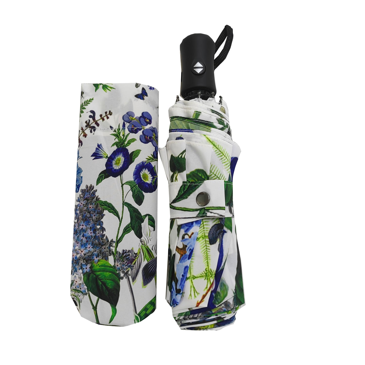 Rosehip Design Folding Umbrella is a sturdy, practical and waterproof rain umbrella with an auto pop-up button, perfectly sized for your car, bag or pocket. Make a statement with our timeless Moody Blues design.