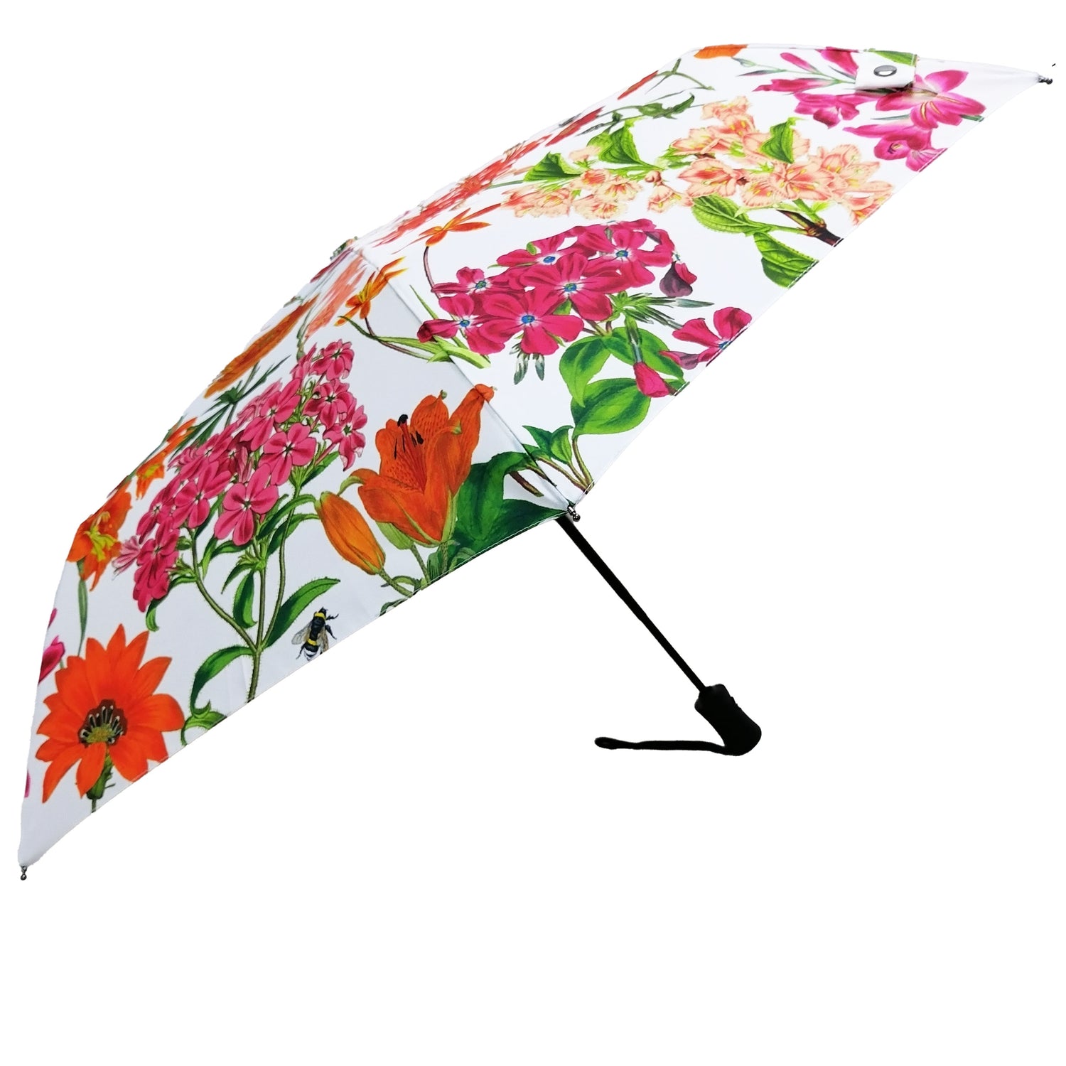 Rosehip Design Folding Umbrella is a sturdy, practical and waterproof rain umbrella with an auto pop-up button, perfectly sized for your car, bag or pocket. Make a statement with our bold Radiance design and it&