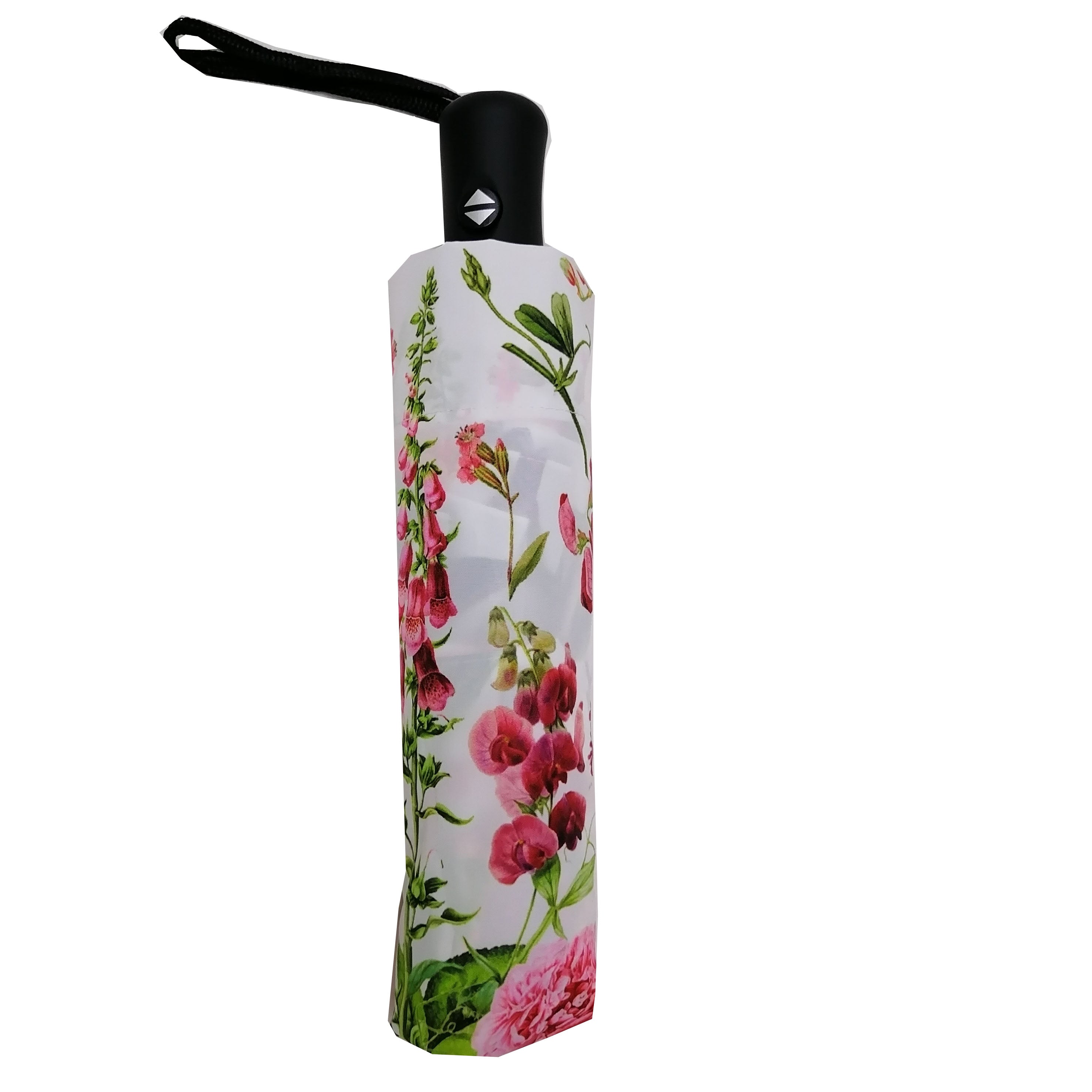 Rosehip Design Folding Umbrella is a sturdy, practical and waterproof rain umbrella with an auto pop-up button, perfectly sized for your car, bag or pocket. Beat the blues with our Sweet Peas design - a vibrant mix of pinks, greens and reds.